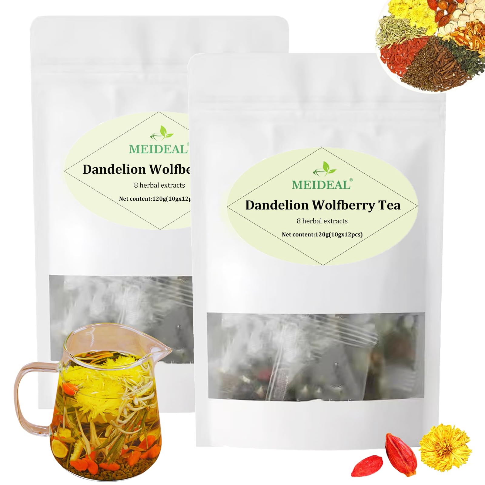 Dandelion Wolfberry Tea, 8 Natural Herbal Ingredients Blend, Dandelion Teabag Organic, Natural Chinese Wolfberry Tea Bags, Chrysanthemunn Cassia Seed (2 Bags 24 Pcs)