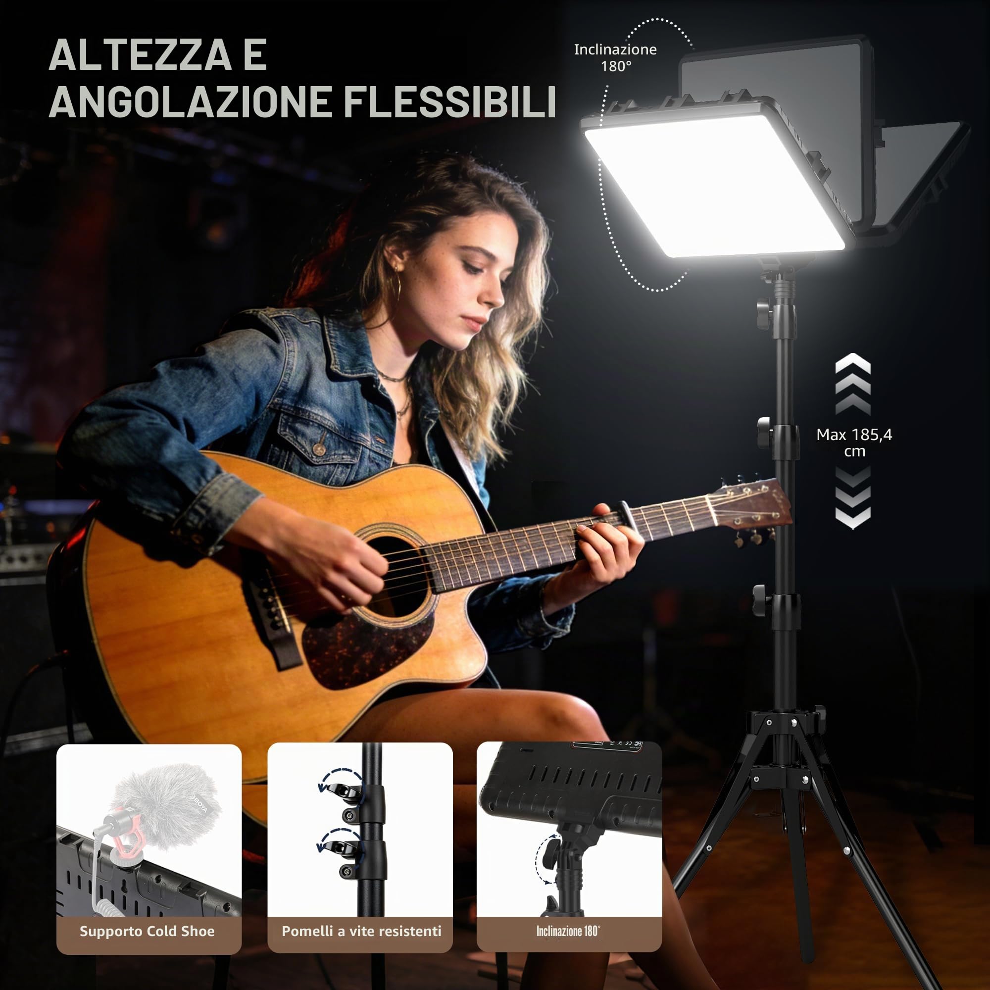 NiceVeedi Illuminazione fotografica da 25 W, 185 cm, kit di 2 pannelli video a LED, 2900-7000 K, dimmerabile, luce da studio con treppiede, luce di streaming per registrazione video YouTube (25W-1)