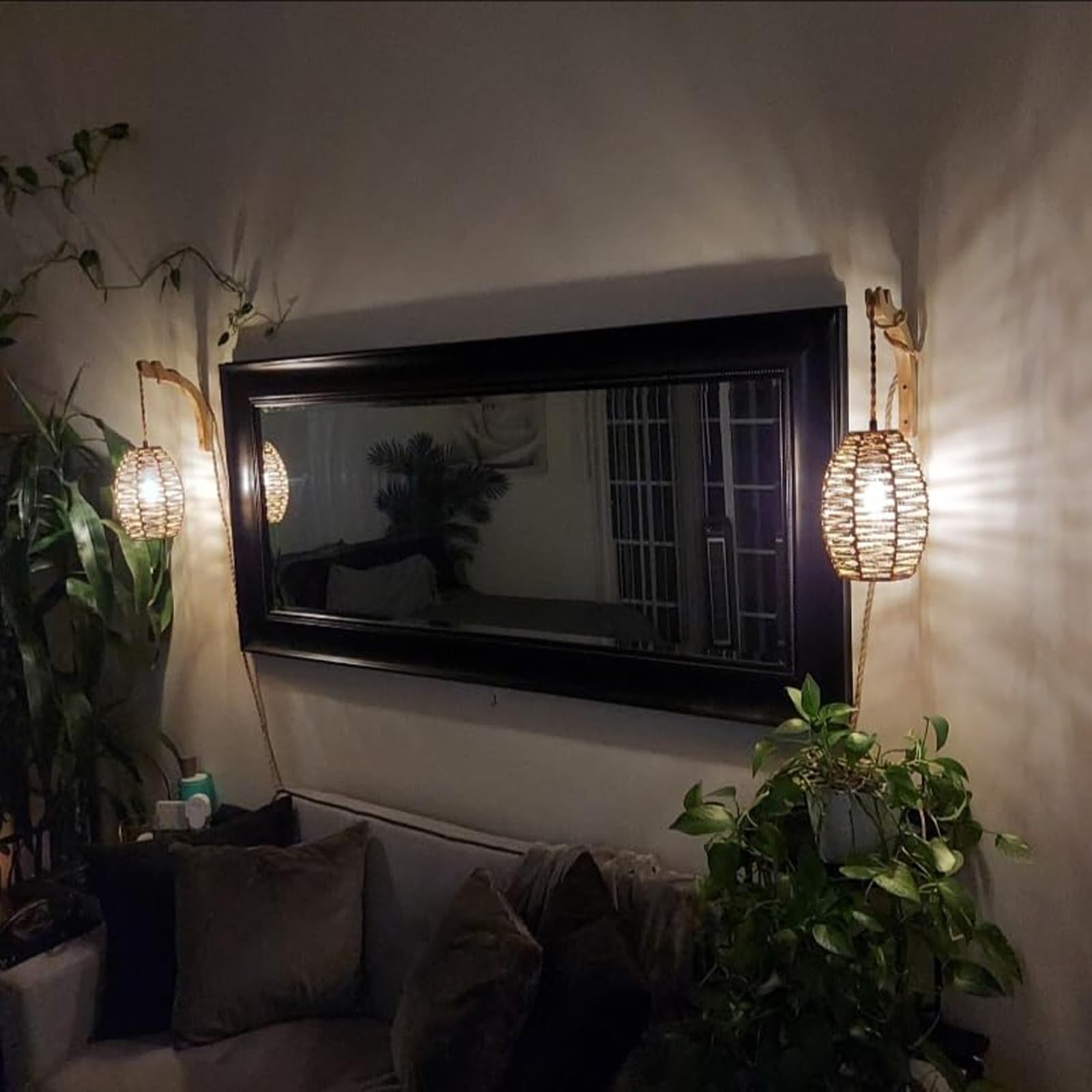 ILLMTW Rattan Plug in Wall Sconces Set of Two,Dimmable Switch Wall Lamp with Plug in Cord,Boho Wall Light that Plug Into Wall Outlet Indoor Farmhouse Decor Wall Sconce Set of 2 for Bedroom Living Room