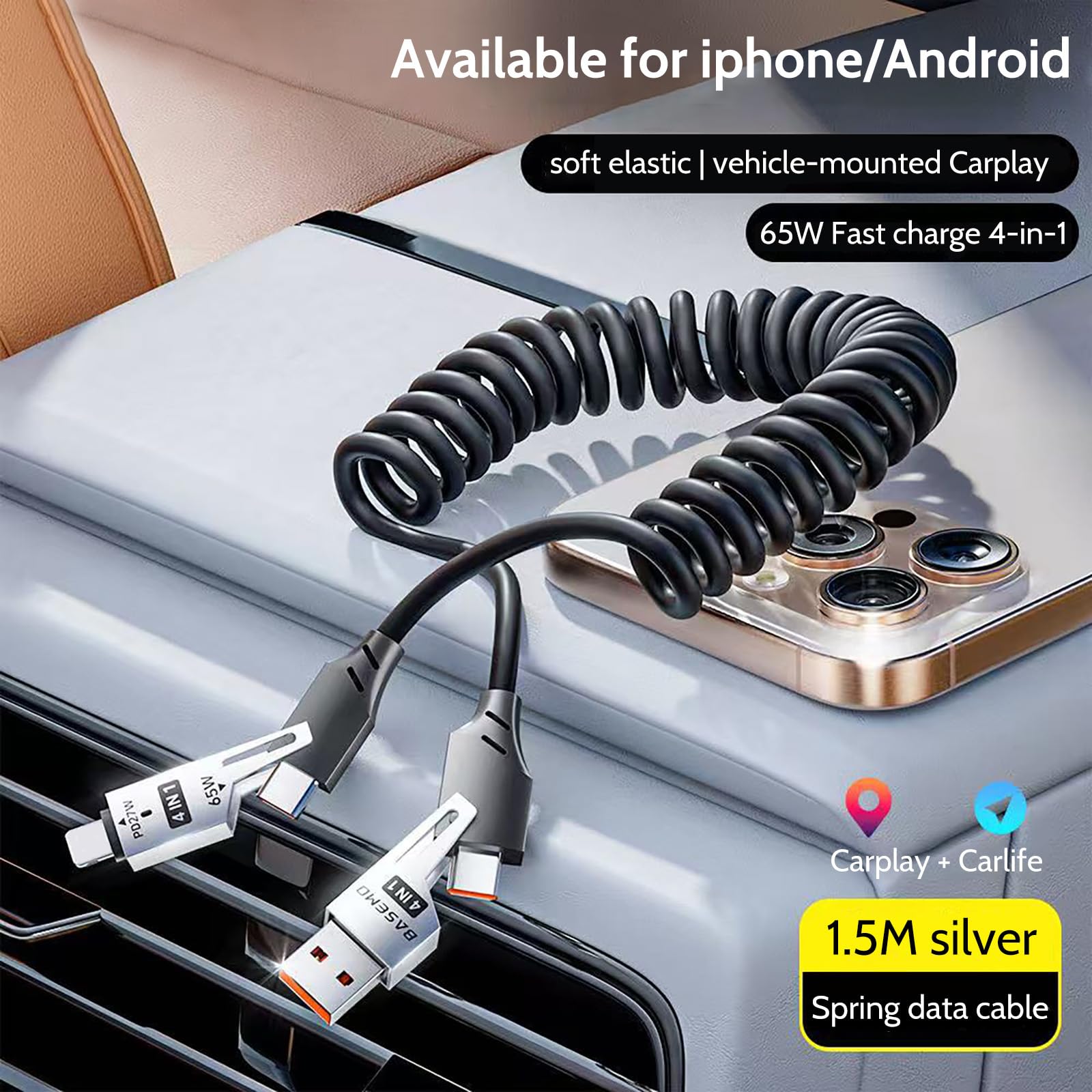 Chowany kabel do szybkiego ładowania 4 w 1, 65 W, 2 m, USB-C na L/USB-C/USB-A, kabel do wielu urządzeń iPhone 15/14/13, iPad, Samsung, MacBook, laptop, samochód, tablet (2)