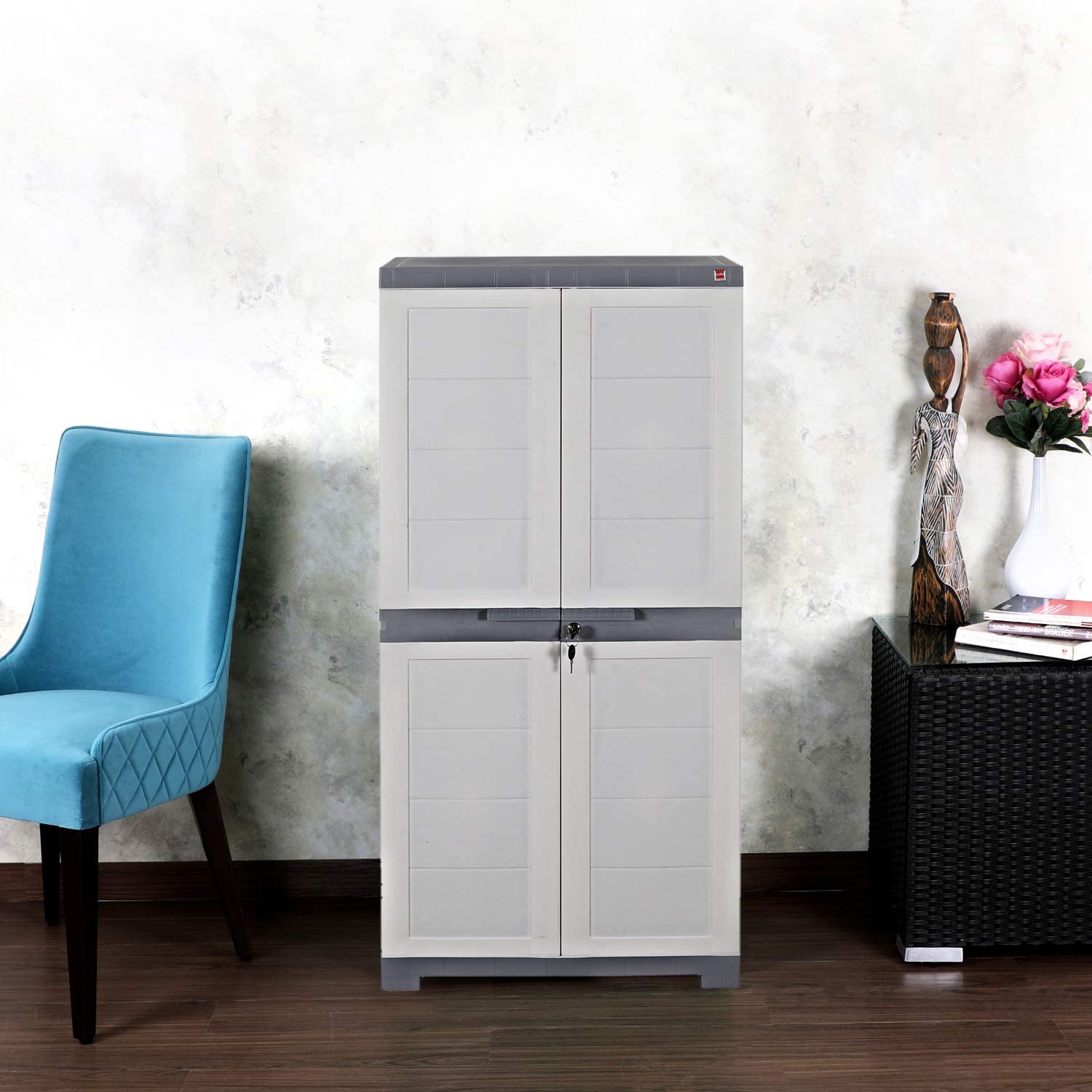 Cello Novelty Big Multipurpose Plastic Cupboard White & Grey | Space-Saving Modular Wardrobe For Livingroom & Bedroom | 3 Shelves Clothes Almirah For Kids | 3 Years Warranty on Manufacturing Defects