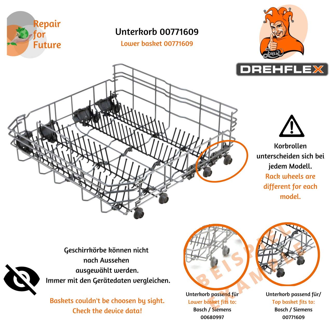 KORB-SET50 - SPARSET - passt für Bosch/Siemens/Neff - Geschirrkorb/Korb OBEN 00778368/778368 + UNTEN 00771609/771609