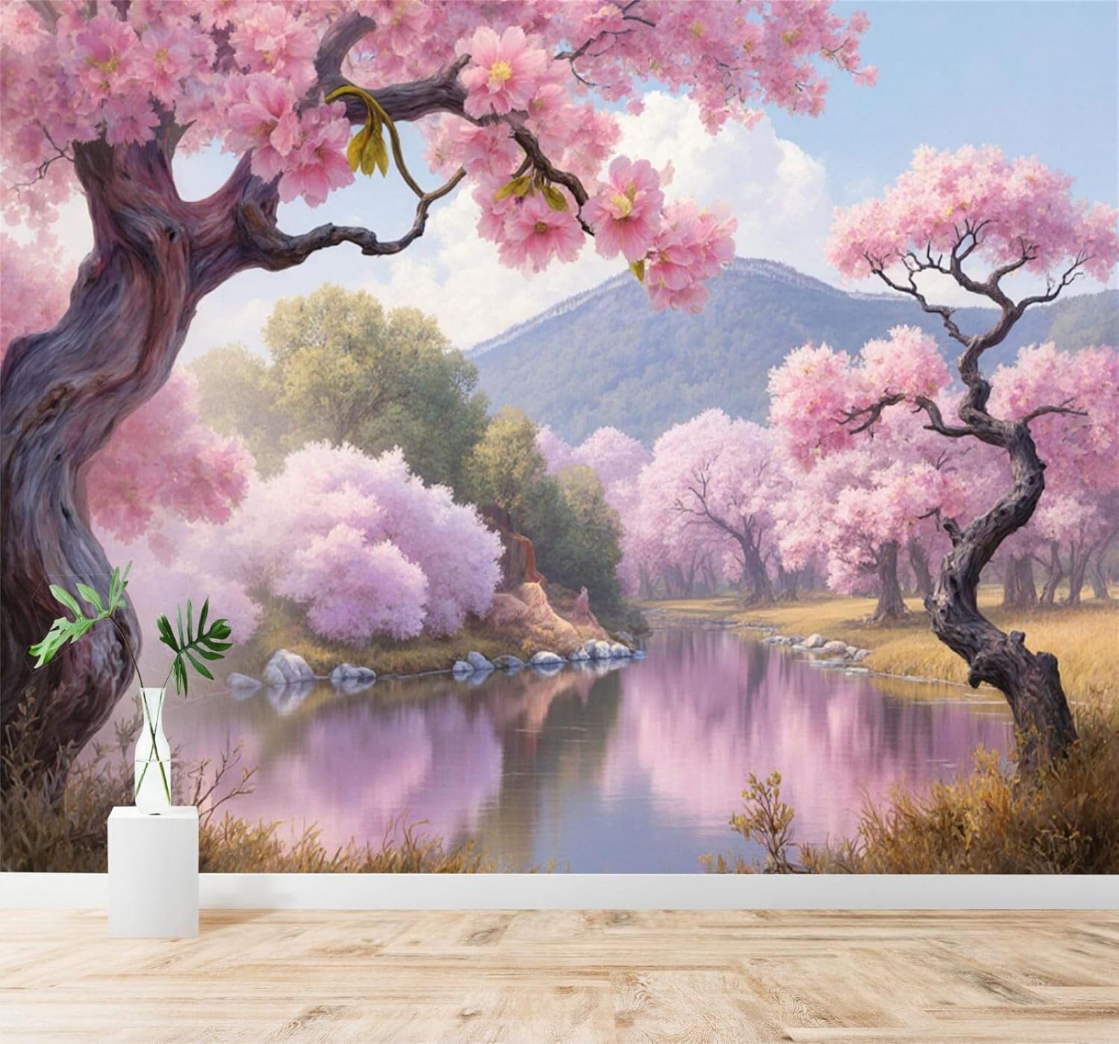 XLMING River Pink Cherry Blossom Trees Mountains Beautiful Spring Scenery 3D Wallpaper Silky Texture Home Study Office Grey Dining Room Sofa Bedroom Living Room TV Backdrop-300cm×210cm
