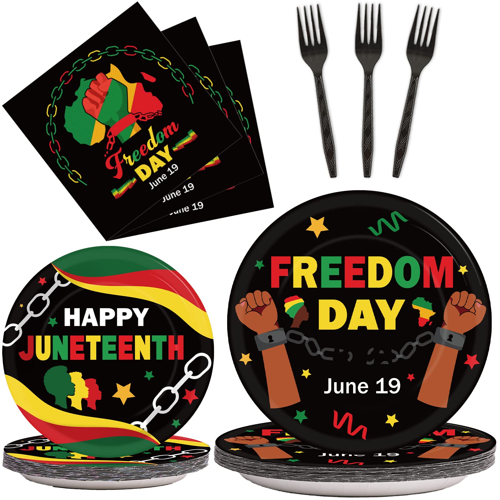 gisgfim Juneteenth Party Supplies, 96 Pcs Set with 24 x 9'' Plates, 24 x 7'' Plates, 24 Napkins, 24 Forks, African Afro American Freedom Day Theme