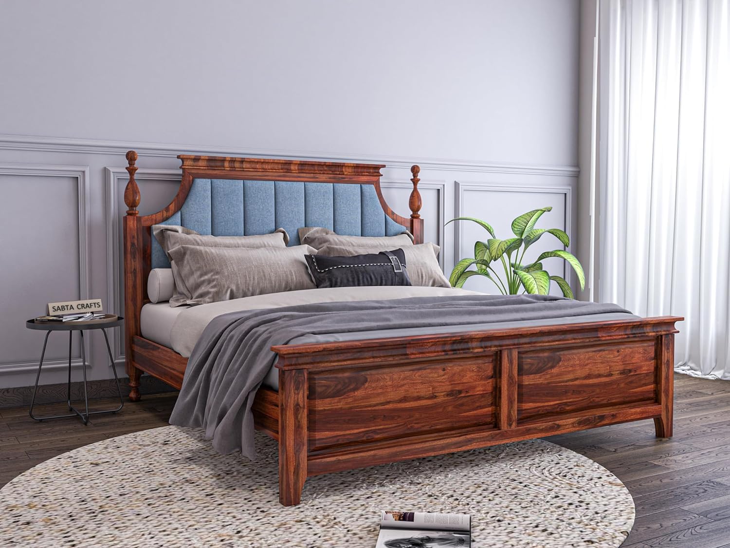 SABTA Craft Solid Sheesham Wood Low Height King Size Bed Without Storage | Wooden Double Bed | Low Floor/Lying/Rise/Level/Profile Cot with Blue Upholstered Cushioned Headboard | Honey-B25 (B0CY8KJS6X) Amazon Price History, Amazon Price Tracker