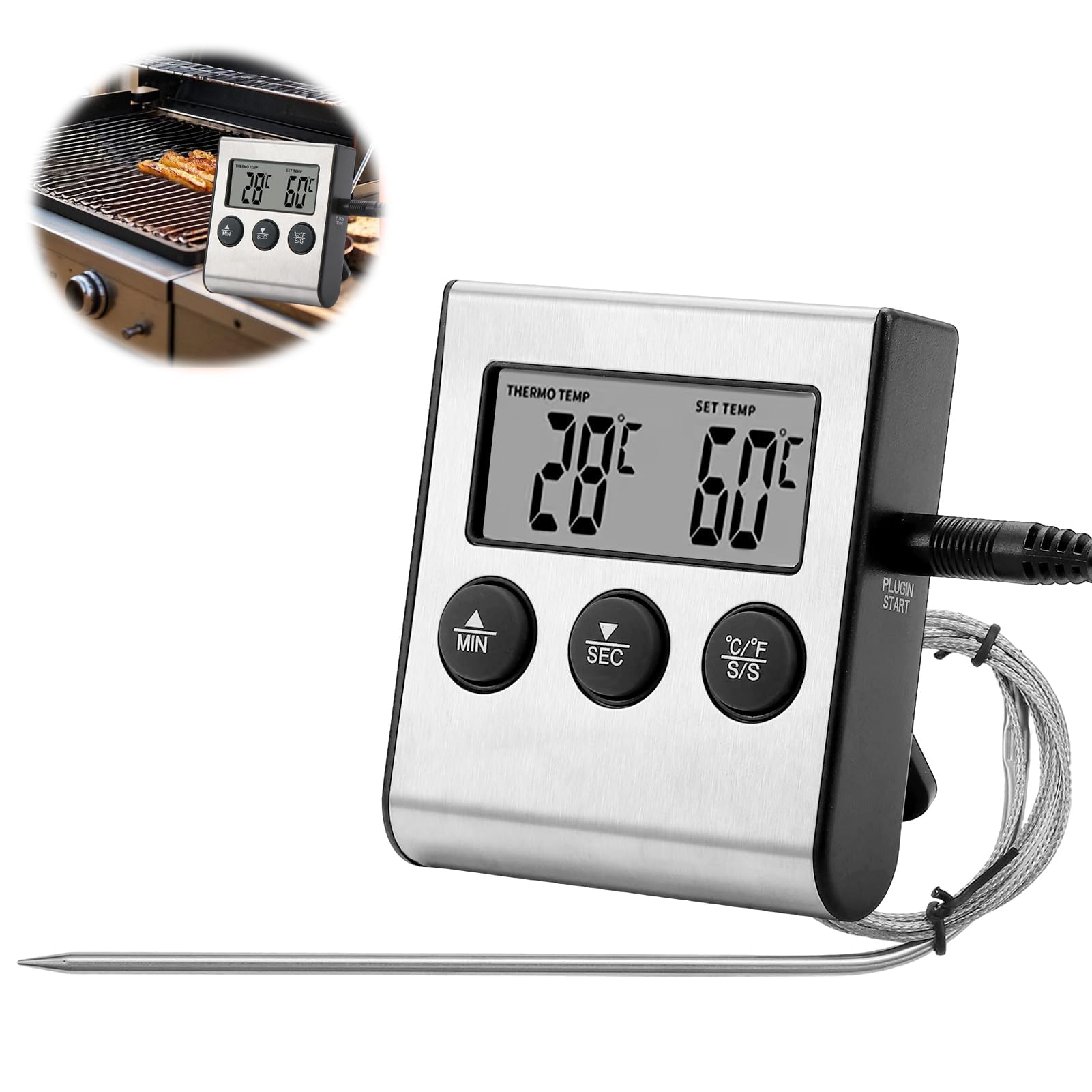 Termometro Cocina Digital Lectura Instantáneo, Meat Thermometer con 2 Sondas 100cm LCD Retroiluminada Alarma Sonora para Carne Horno Parrilla Freidora Aire Vino Cerveza Líquidos Aceite Barbacoa