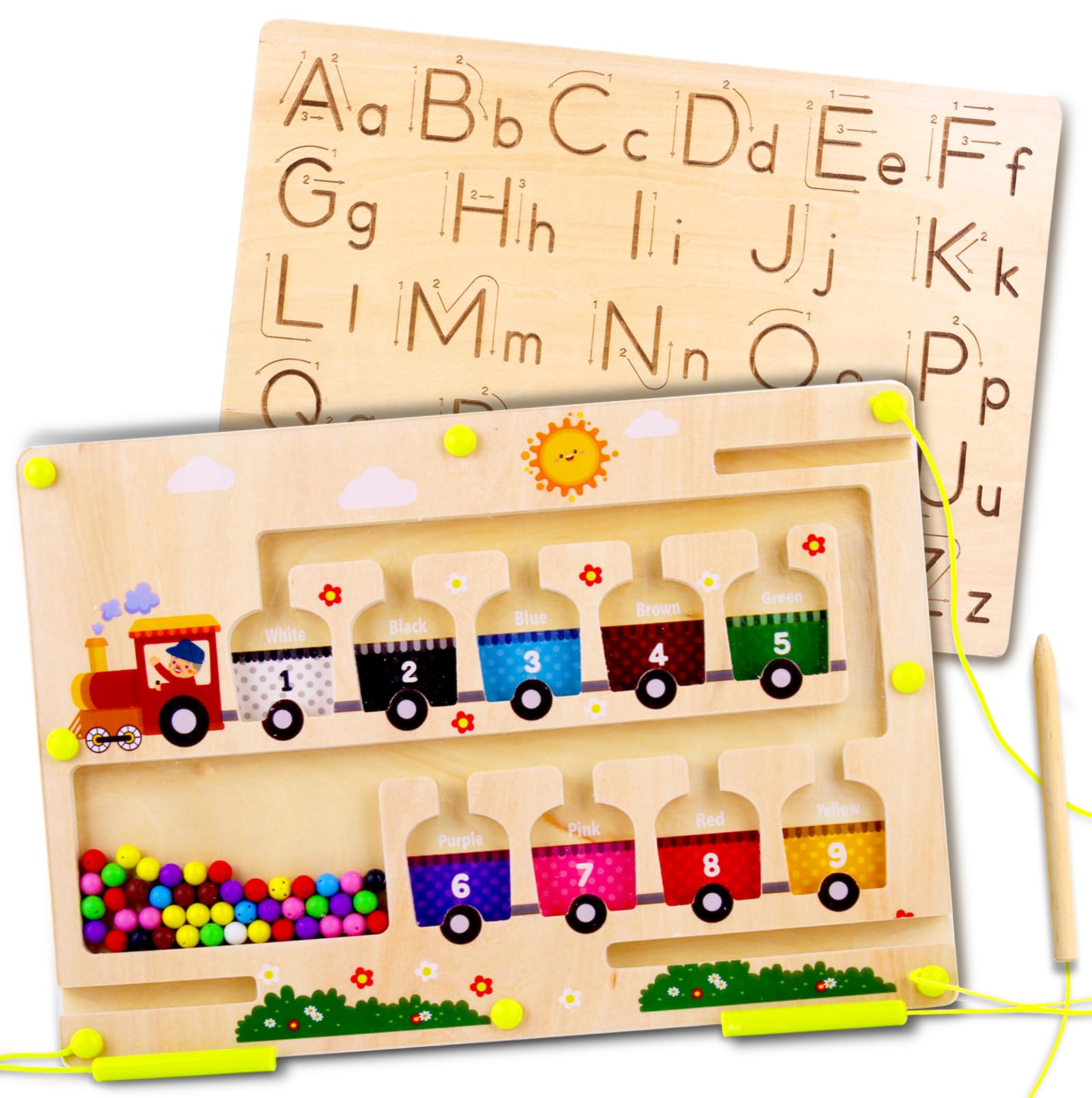 Magnetic Color and Number Maze Board, Double Sided 2 in 1 Montessori Alphabet Tracing Board Magnetic Maze for Kids Ages 3-5 Years,Toddler Fine Motor Skills