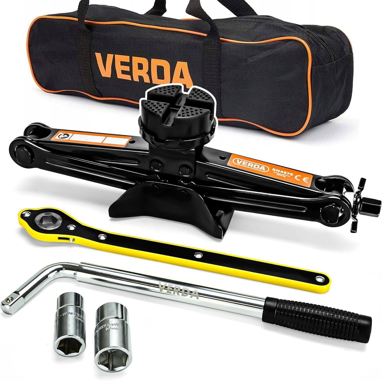 VERDA Cric a pantografo 2,5 T (2500 kg), 110-420 mm, 2x gomma, cric con chiave per dadi ruota, chiave a cricchetto, piastra in acciaio allargata, borsa, Car Jack Auto SUV MPV
