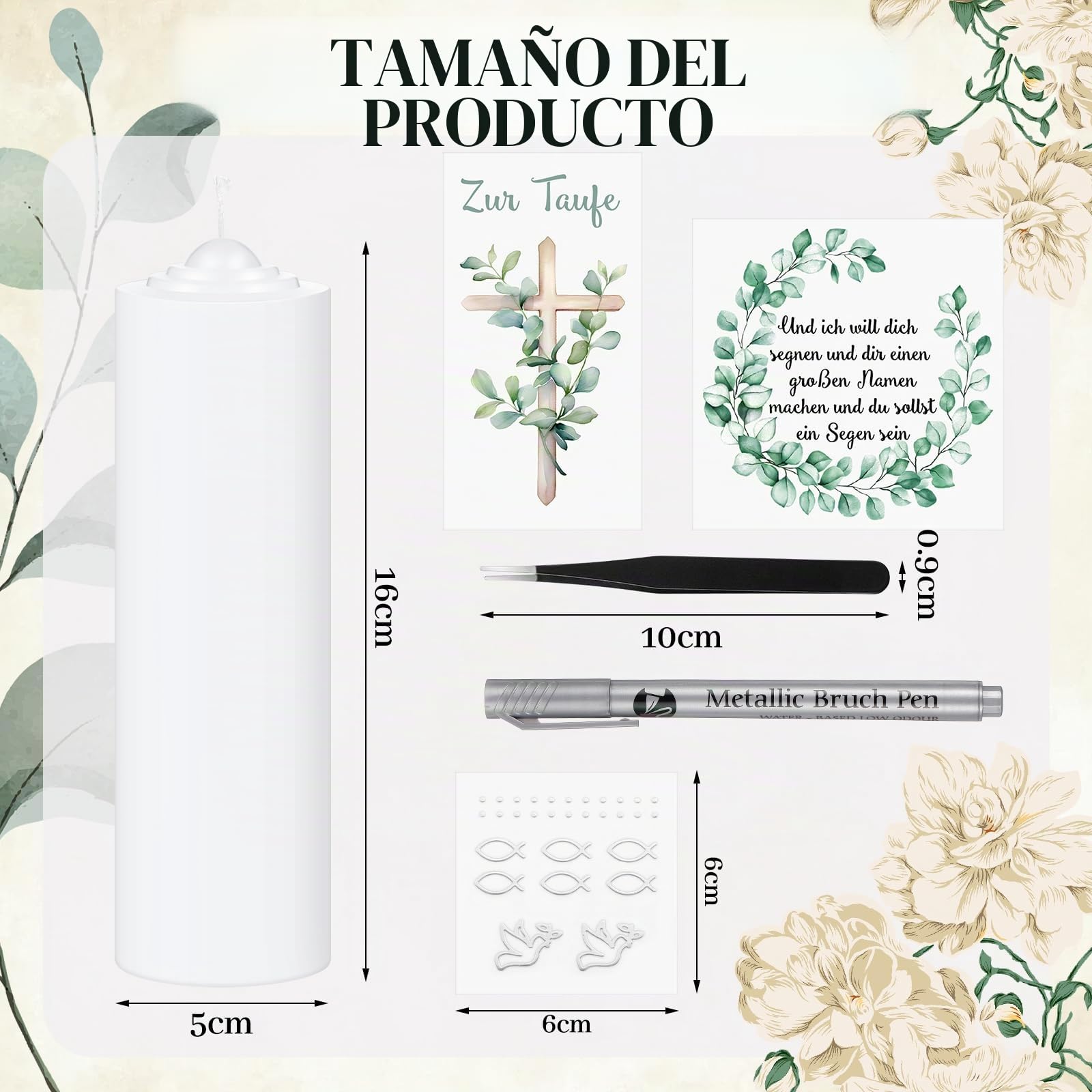 Vela de Bautismo 16 cm de Altura Kit de Cera para Vela de Comunión de Confirmación Personalizada con Rama de Eucalipto Pegatina y Rotulador Plateado para Retoques