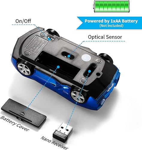 Miniatura 5 de Ratón de coche deportivo actualizado con faros LED, ratón inalámbrico en forma de coche de 1600 DPI para Mac y computadoras, azul