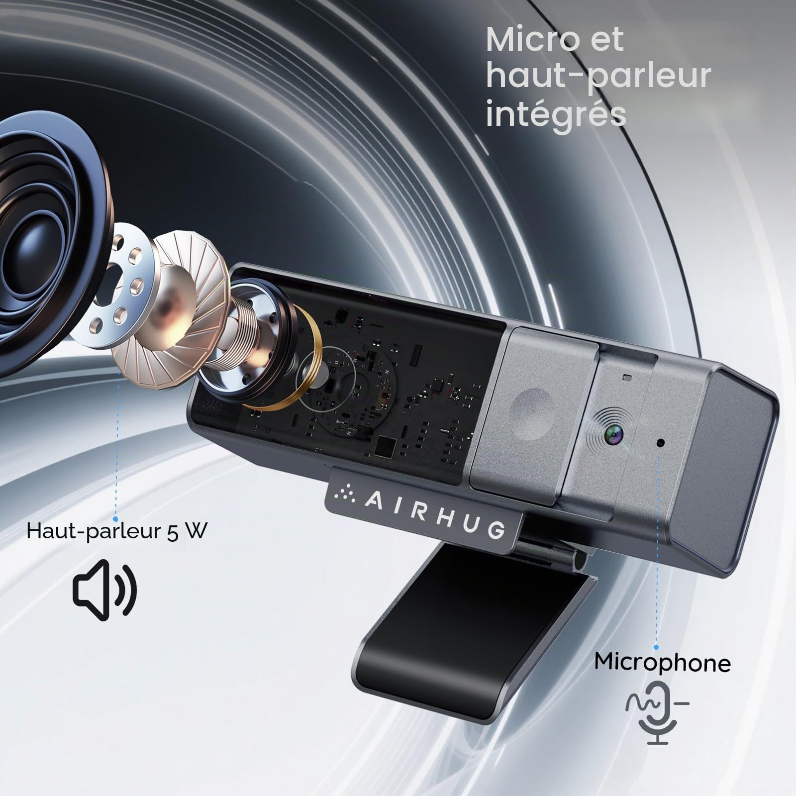 AIRHUG Webcam 3 en 1 1080p avec microphone et haut-parleur, caméra USB pour vidéoconférence/classe en ligne/jeux en direct, protection de confidentialité intégrée