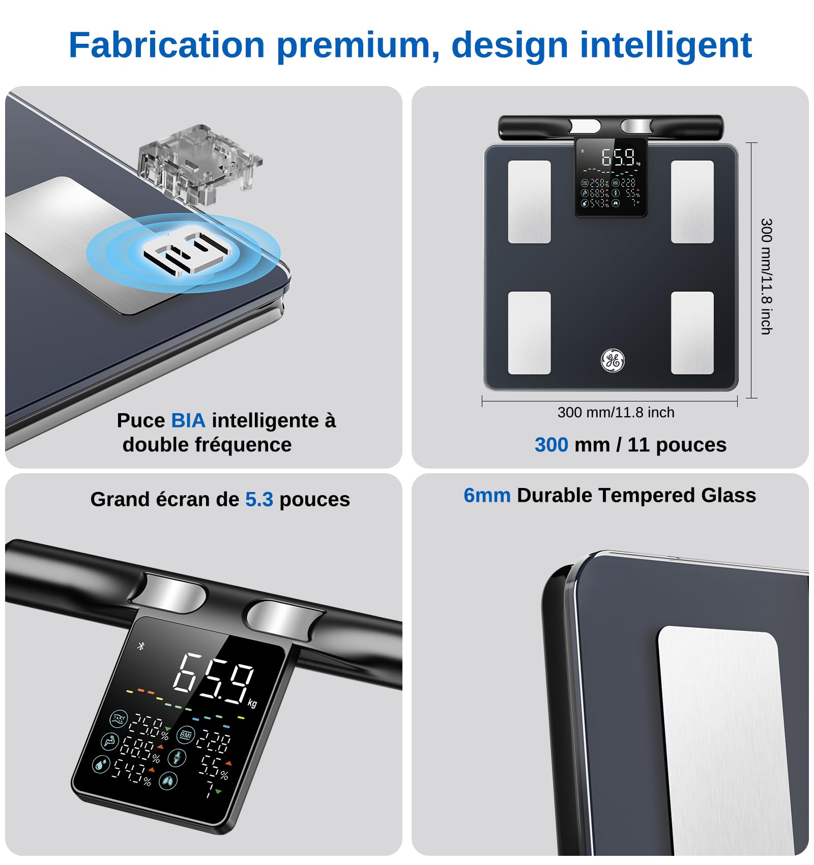 GE Connectée Balance Pese Personne, Smart Balance Masse Graisseuse et Musculaire IMC 8 Electrodes Impedancemetre avec 50 Mesures Affichées 180 kg Noir