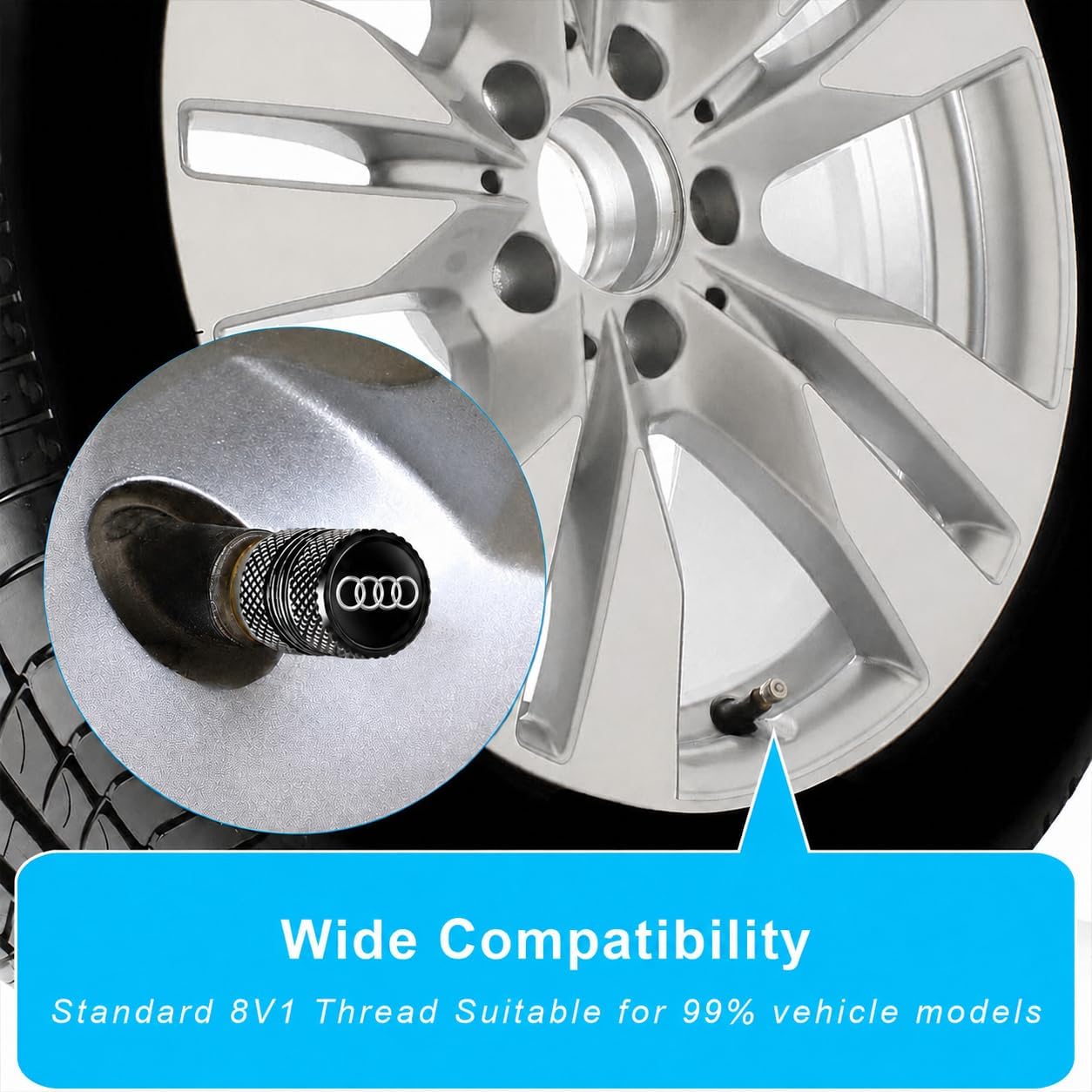 Car Tire Valve Stem Caps for Automobiles,Dust Caps Compatible with Audi A1 A3 RS3 A4 A5 A6 A7 RS7 A8 Q3 Q5 Q7 R8 S Series Car Tires，Alloy Leak-Proof Valve Cover
