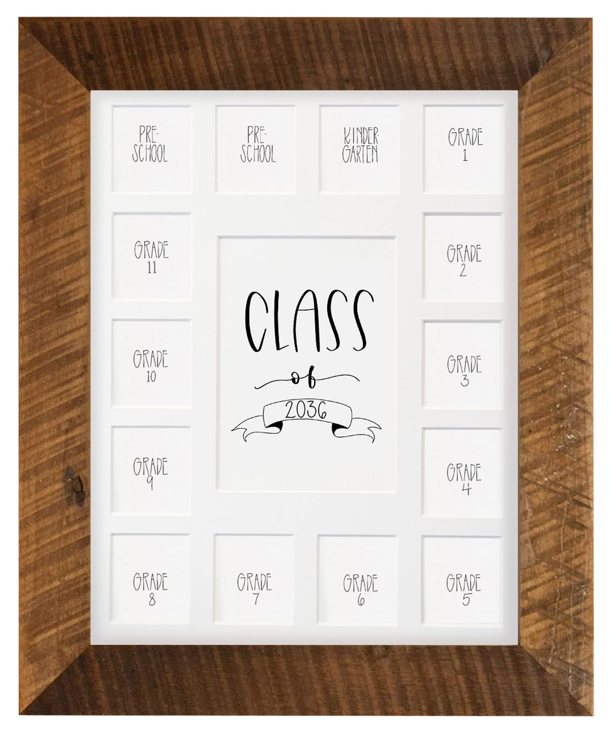 Rustic Red Door Co. School Years Reclaimed Wood Picture Frame with Mat - 11x14 Wooden Framed 15 Photo Collage Mat Pre-School &amp; Kindergarten to 12th Grade High School Graduation (Class of 2036, White)