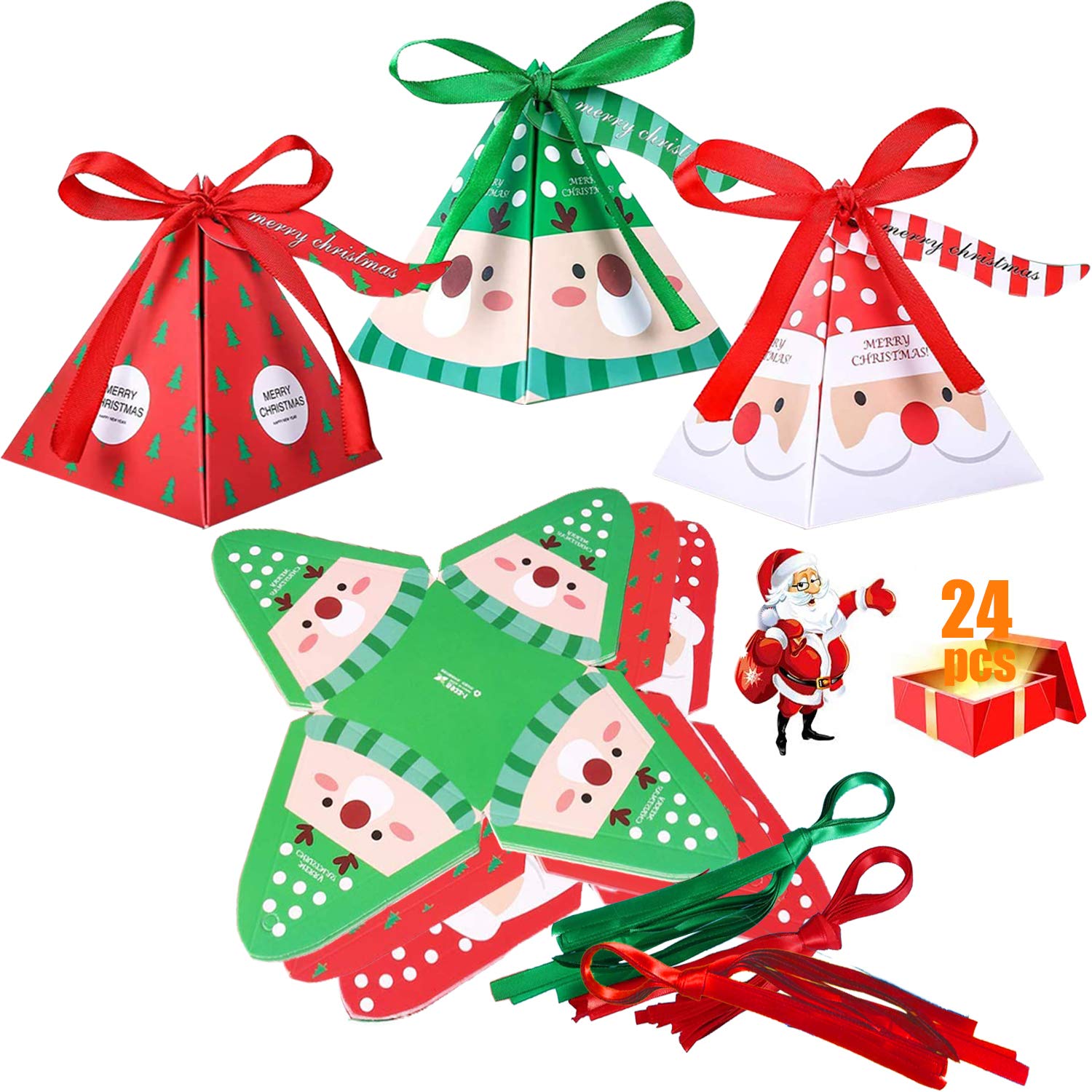 Christmas Candy Paper Boxes Chocolate Goodies Sweet Boxes Christmas Favors Party Supplies Christmas Tree, Santa Claus, Elk (24 Pcs)