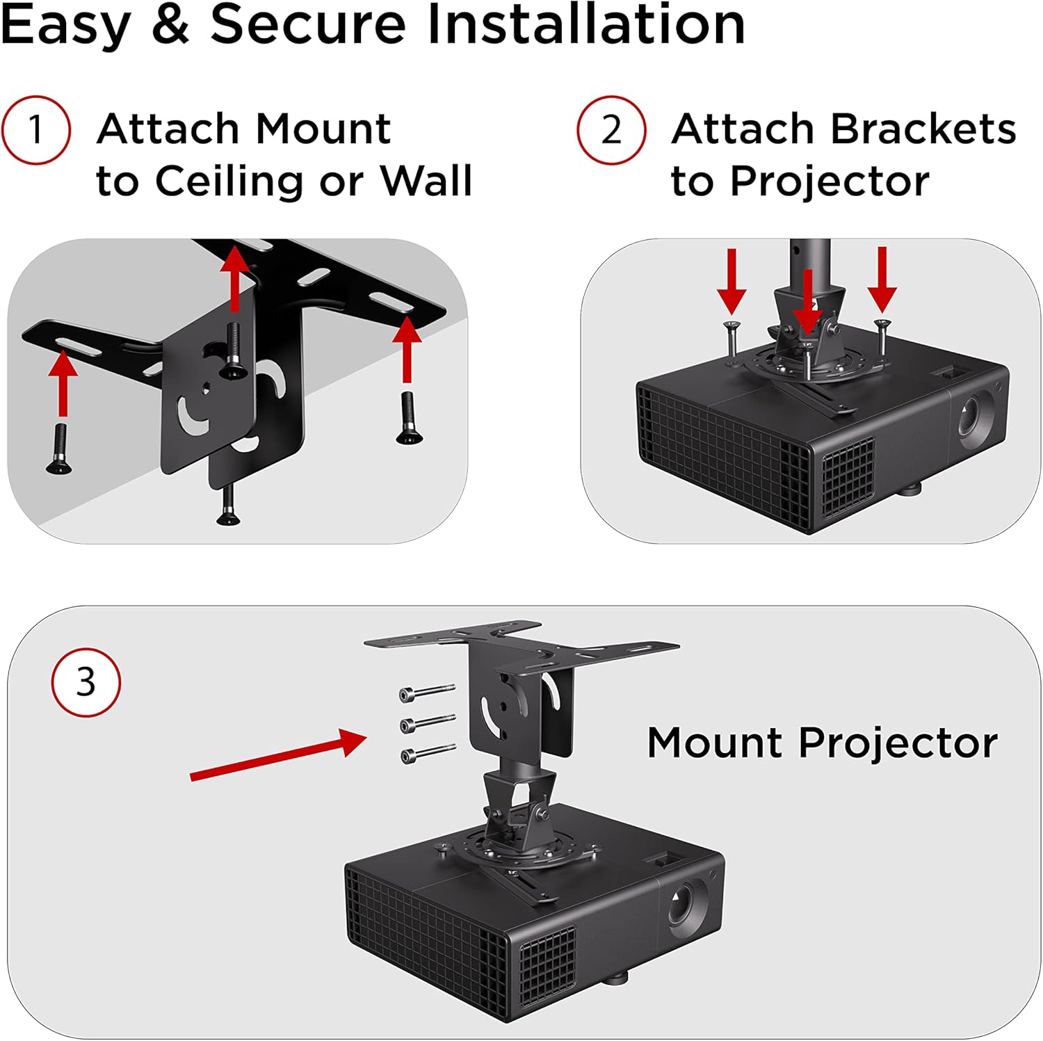 Promounts Universal Ceiling Drop Down Projector Mount Bracket for Flat or Sloped Ceiling, Compatible with LCD/DLP Projector, Tilts ±20°/Swivel 360° and Suspends up to 7.5"