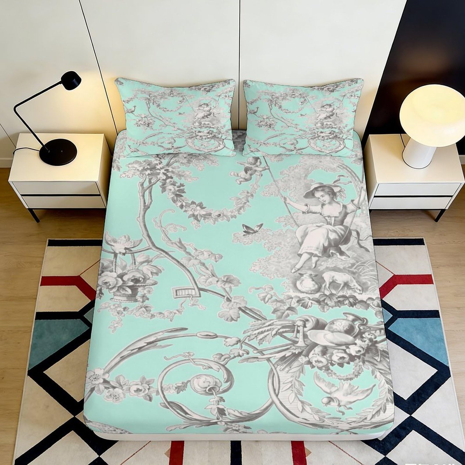 3D Printed Baroque Angel Fitted Sheet Microfiber Soft Mint Green Bedroom Decor Vintage Scroll Mattress Cover 90x200x25cm