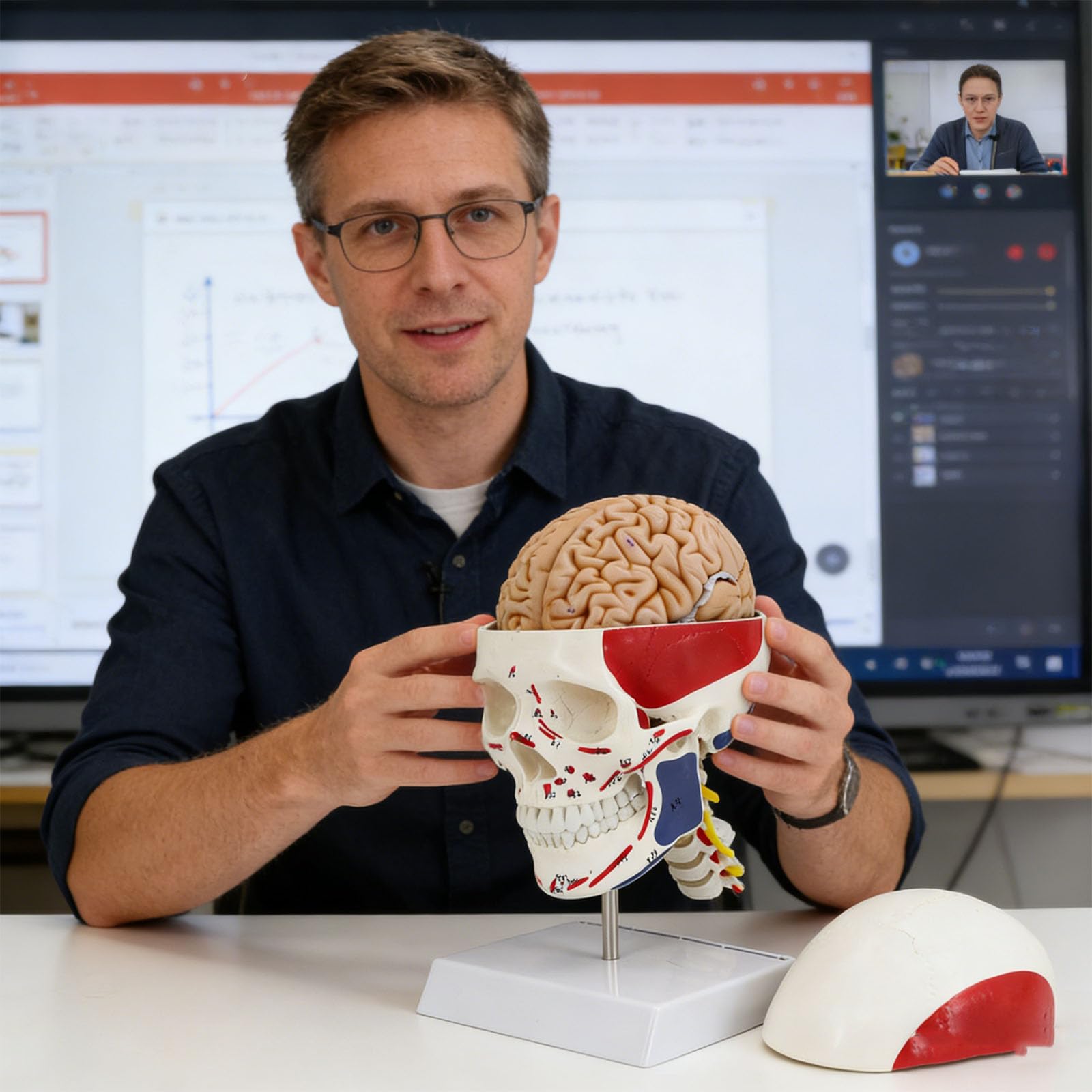 Cranio educativo in PVC con muscoli codificati a colori, ideale per studi scolastici, cranio con colonna vertebrale cervicale