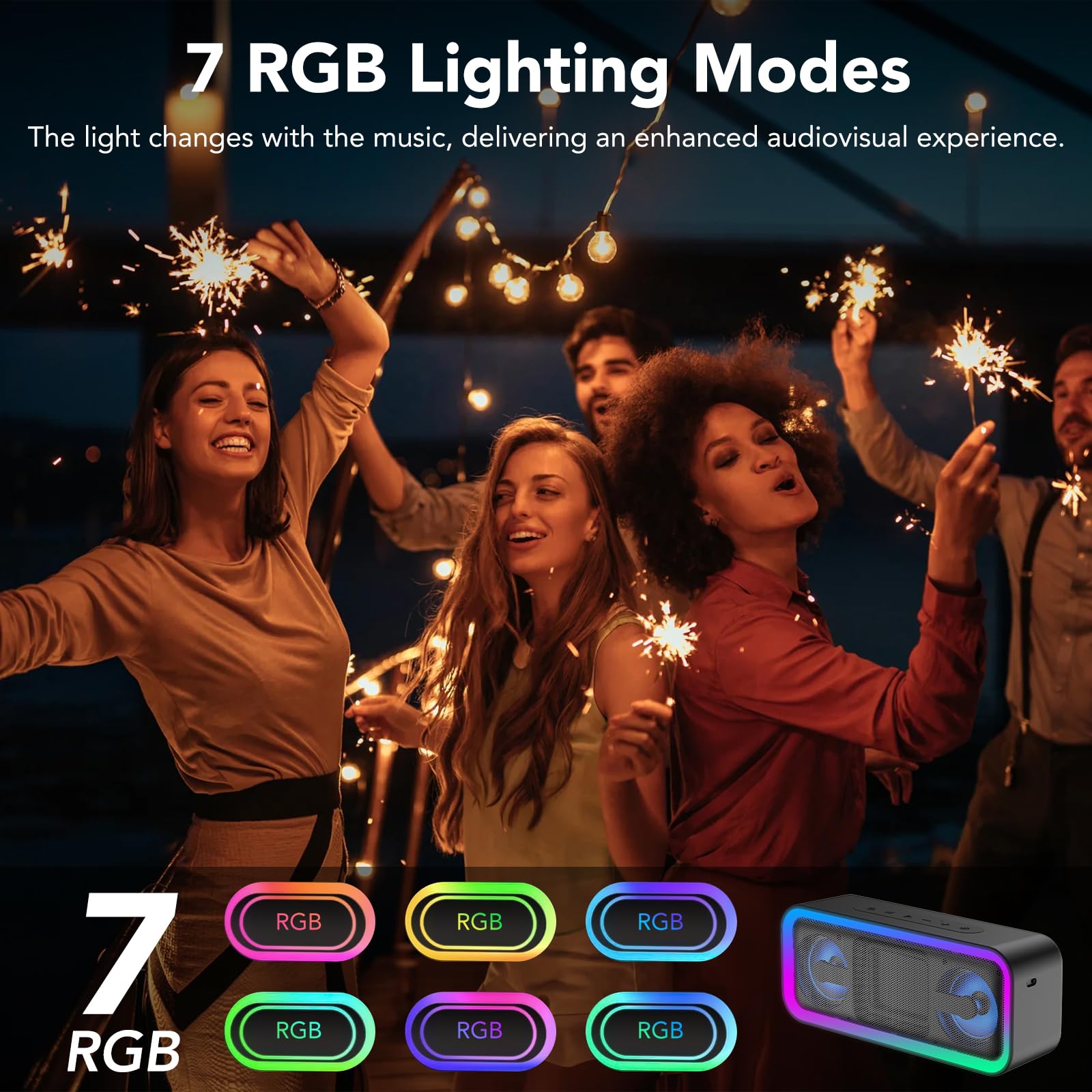 Cassa Bluetooth Potente Portatile con Luci, Speaker Bluetooth 5.4, 30W Basso Potenziato, IPX7 Impermeabile, 7 Luci RGB, 30 Ore Autonomia, Altoparlante Bluetooth per Party, TWS AUX TF-Card, Argento