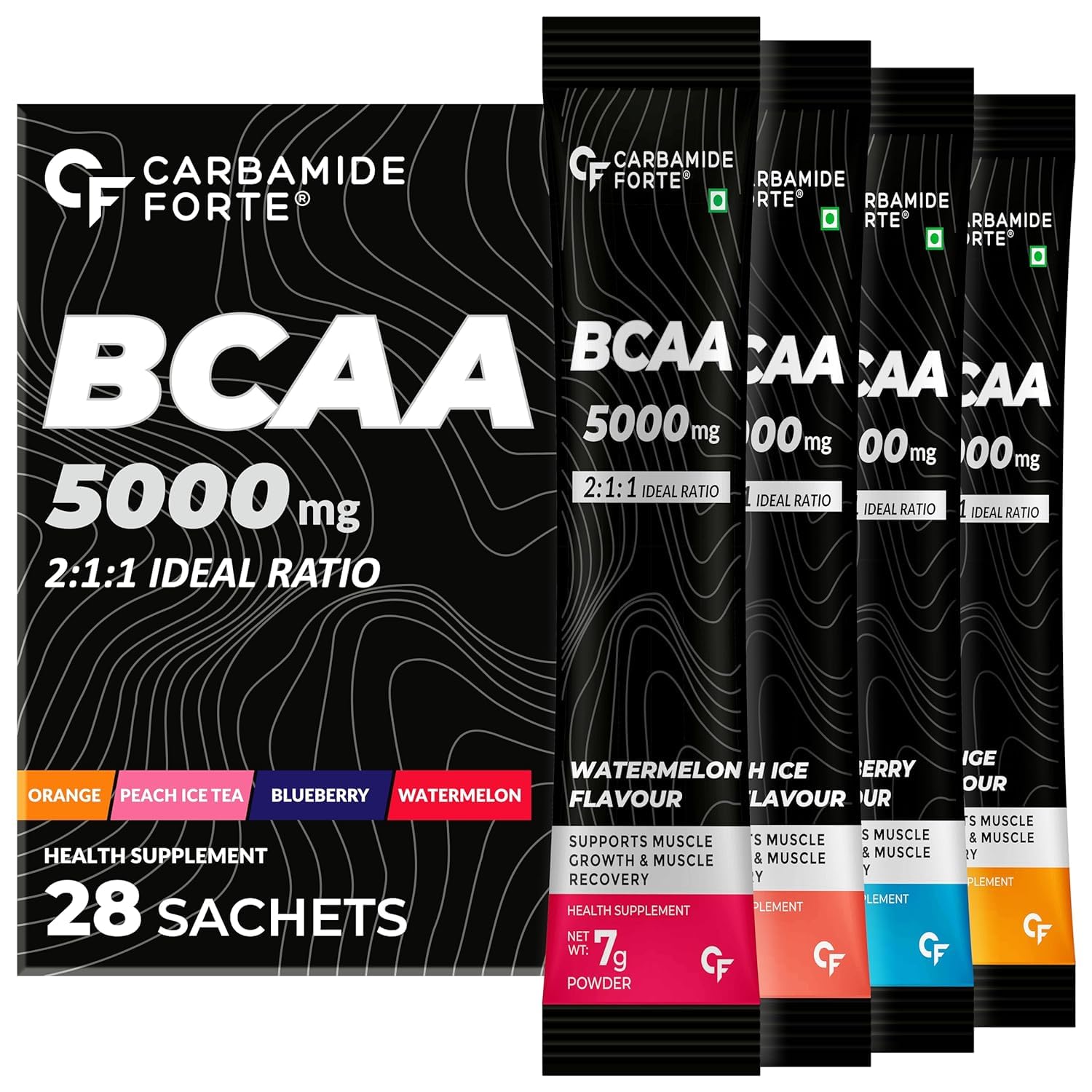BCAA Powder 5000mg 28 Sachets | BCAA Supplements For Women & Men | BCAA Pre Workout & Intra Workout Supplement 7g Serving with Ideal 2:1:1 Ratio | 4 Flavors - Pack Of 28 BCAA Sachets