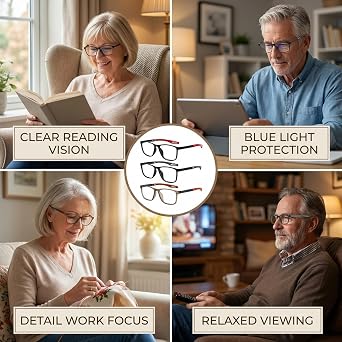 3Pcs Bifocal Reading Glasses, Auto Focus Glasses for Reading and Distance Vision, Blue Light Filtering Lenses, Three Pairs Set with Multiple Frame Colours