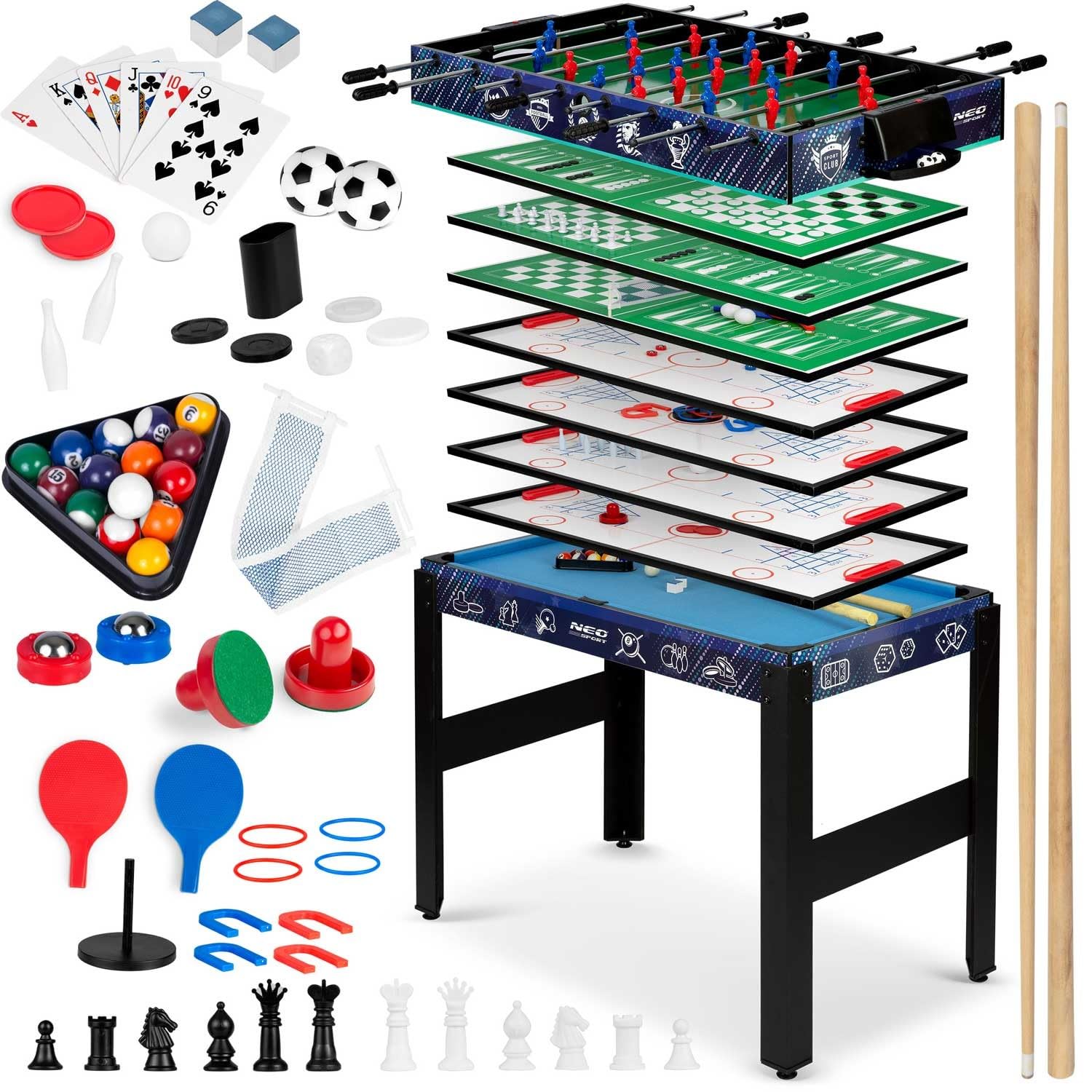 Neo-Sport Multi Spieltisch 12in1, Tischfußball, Tischflagge, Cimberg, Billard, Kontrolle, Bowling, Schach, Karten, 106 x 59 x 90 cm