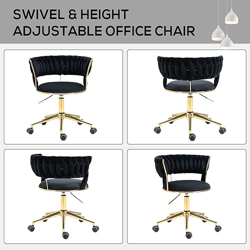 Miniatura 4 de NIOIIKIT Silla de escritorio de oficina de terciopelo con respaldo tejido a mano, sillas de trabajo giratorias de 360 y altura ajustable, silla de