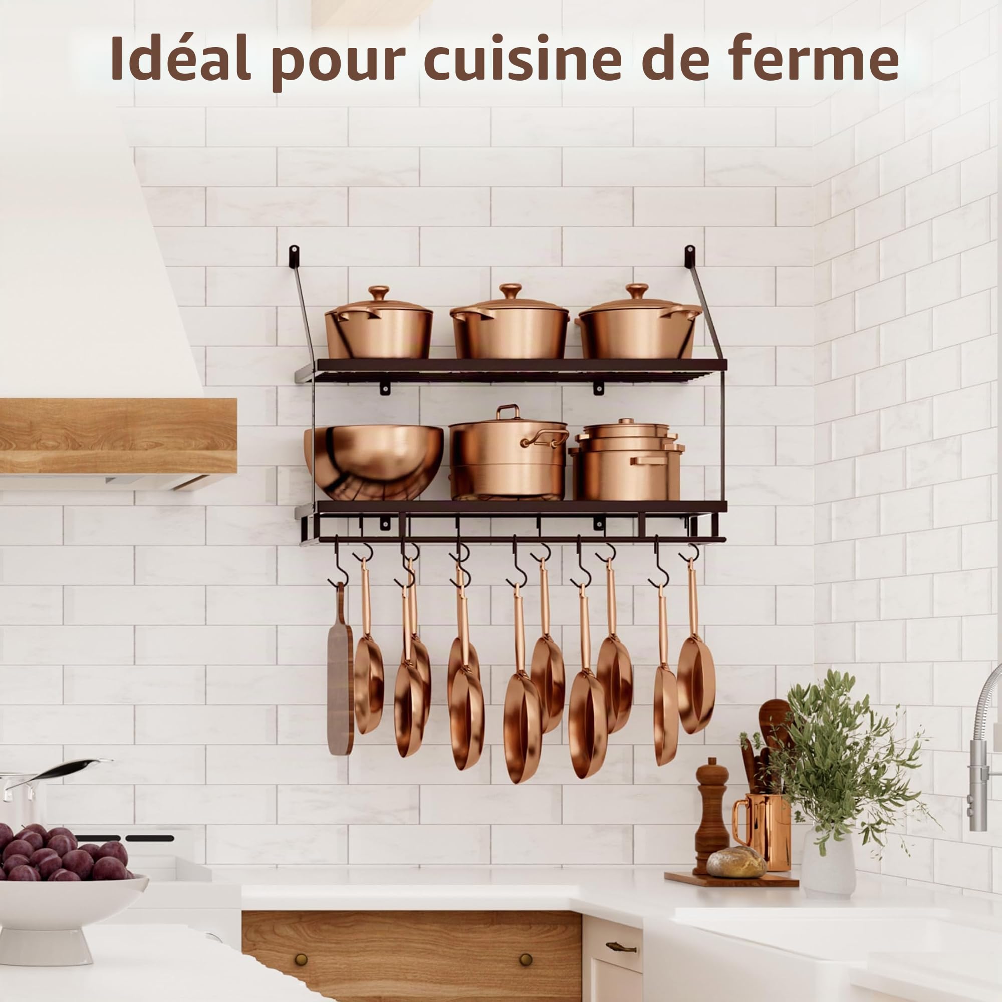 KES Support mural pour casseroles 76 cm bronzé huilé à 2 niveaux, organisateur mural pour casseroles et poêles avec 12 crochets robustes, style ferme, KUR215S75B-OB
