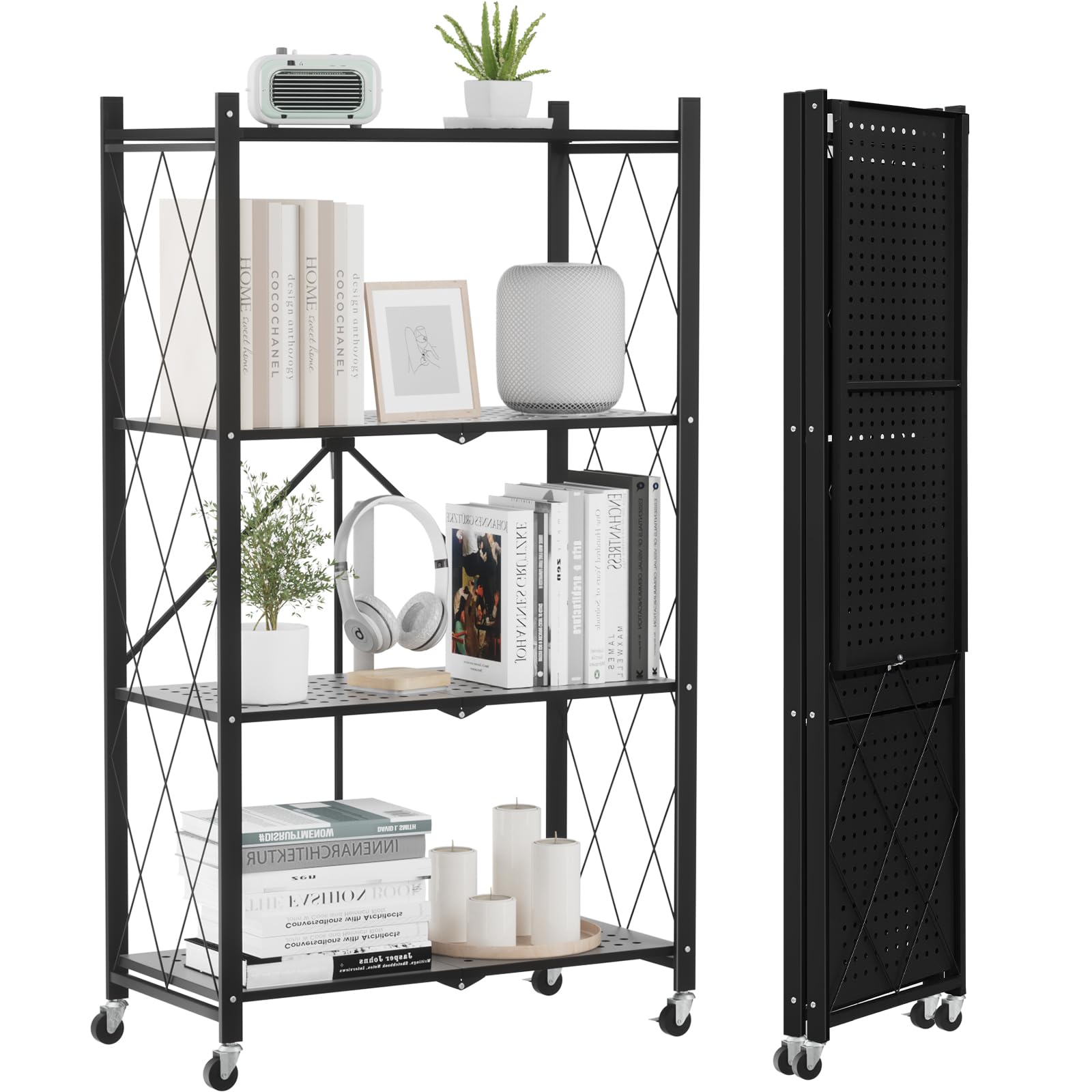 ALANNG 4 Tier Storage Shelves with Wheels, Bookshelf with Storage, No Assembly Metal Rack Cart for Kitchen, Office, Laundry, Garage (Black, 1 Pack)