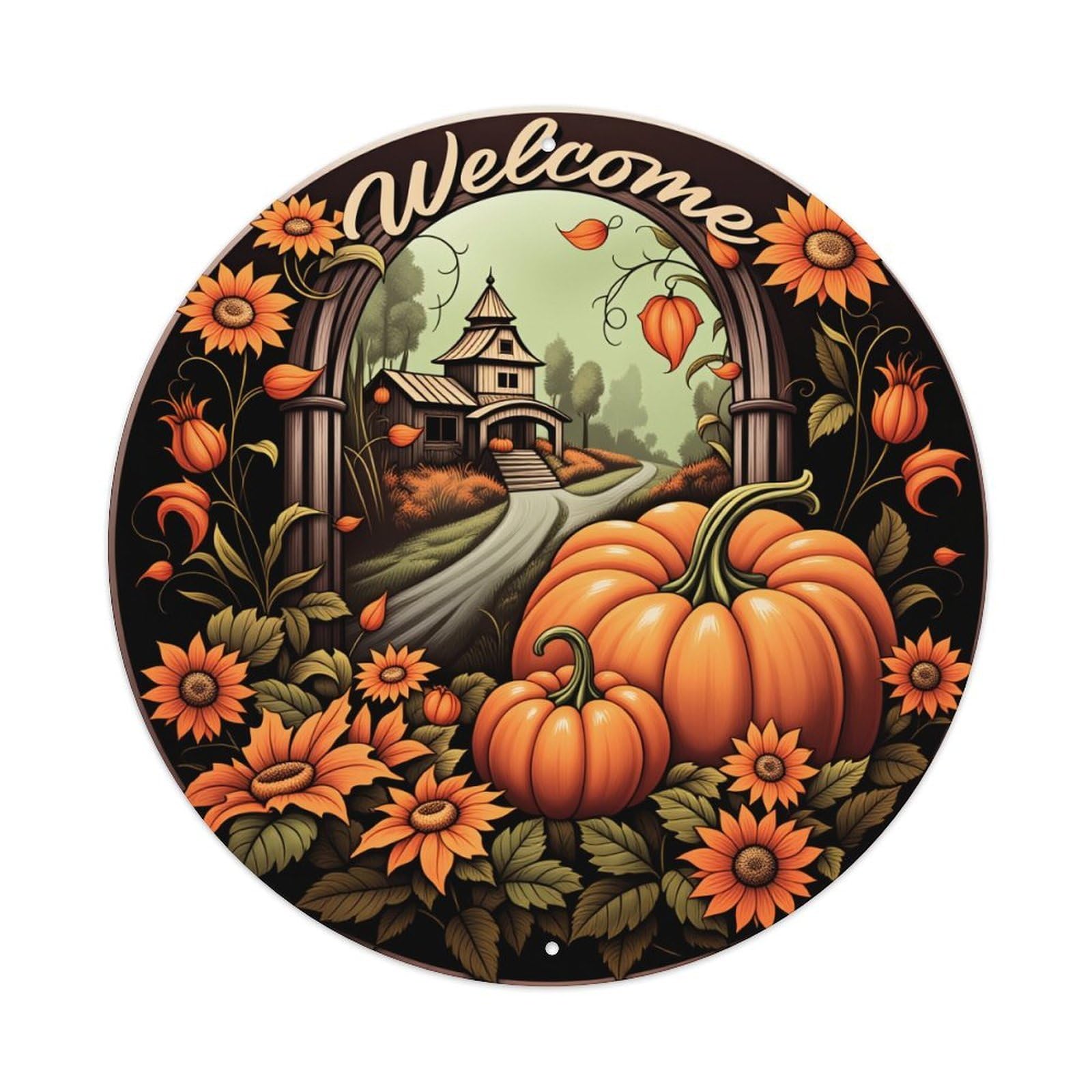 Welcome Autumn Pumpkin Garden Scene Tin Sign Vintage Style Home Bar Garden Wall Plaque Decor Metal Poster 8x12 Inch