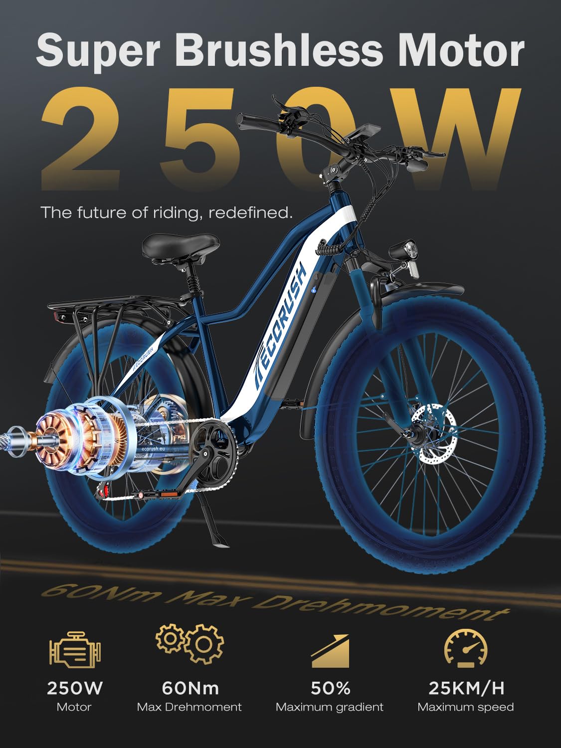 Vélo Électrique, Velo Electrique Homme Équipé d'une Batterie 48V 13AH/20AH, Pneus Fat De 26 * 4.0 Pouces, Moteur De 250W & 25KM/H, avec Un Dérailleur À 7 Vitesses, Portée maximale 100 KM/150KM