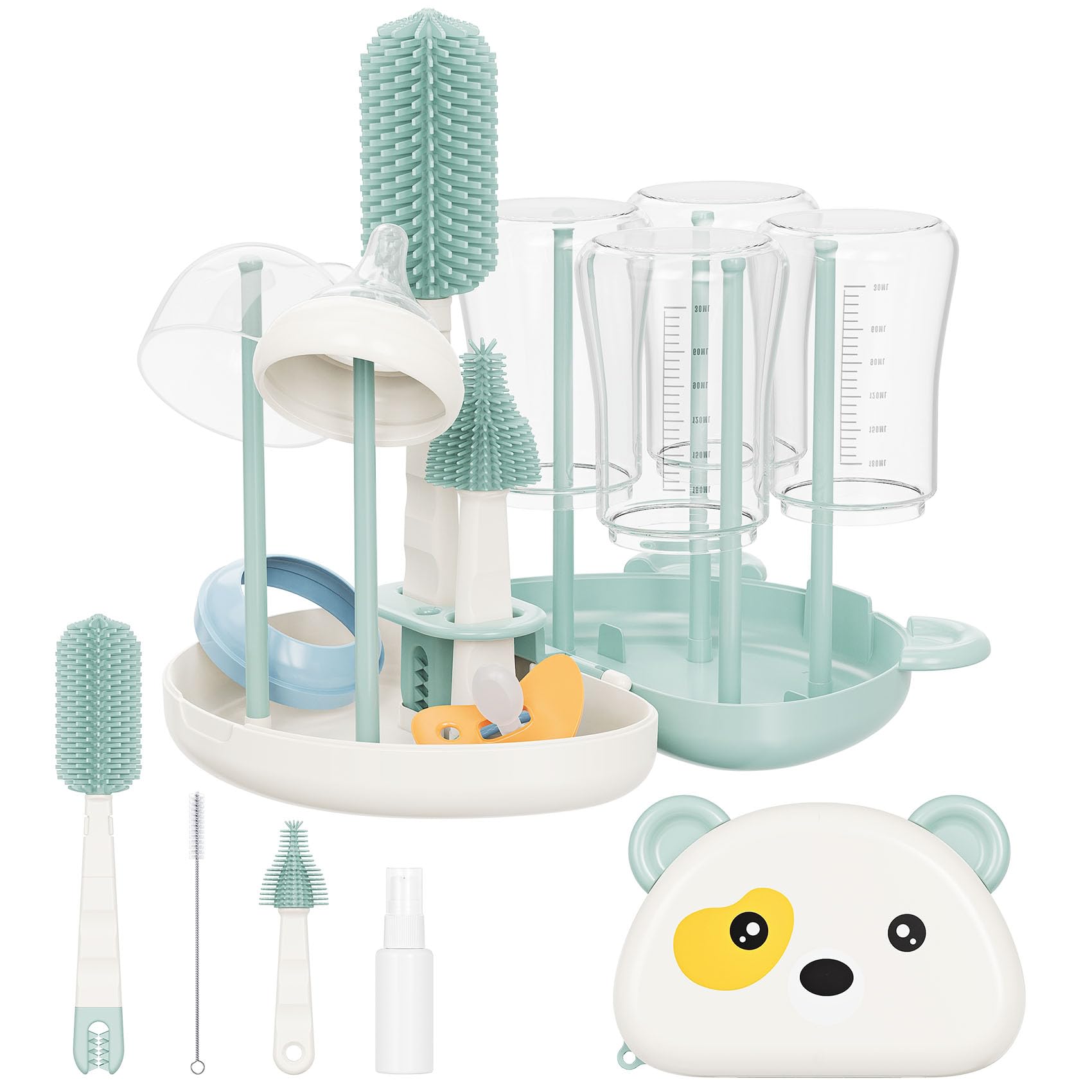 Baby Bottle Brush Set - 7 in1 Travel Bottle Cleaner Kit with Silicone Brush, Nipple Brush, Straw Brush, Bottle Drying Rack, Soap Dispenser, Storage Box, Baby Travel Essential Gift for Parents (Green)
