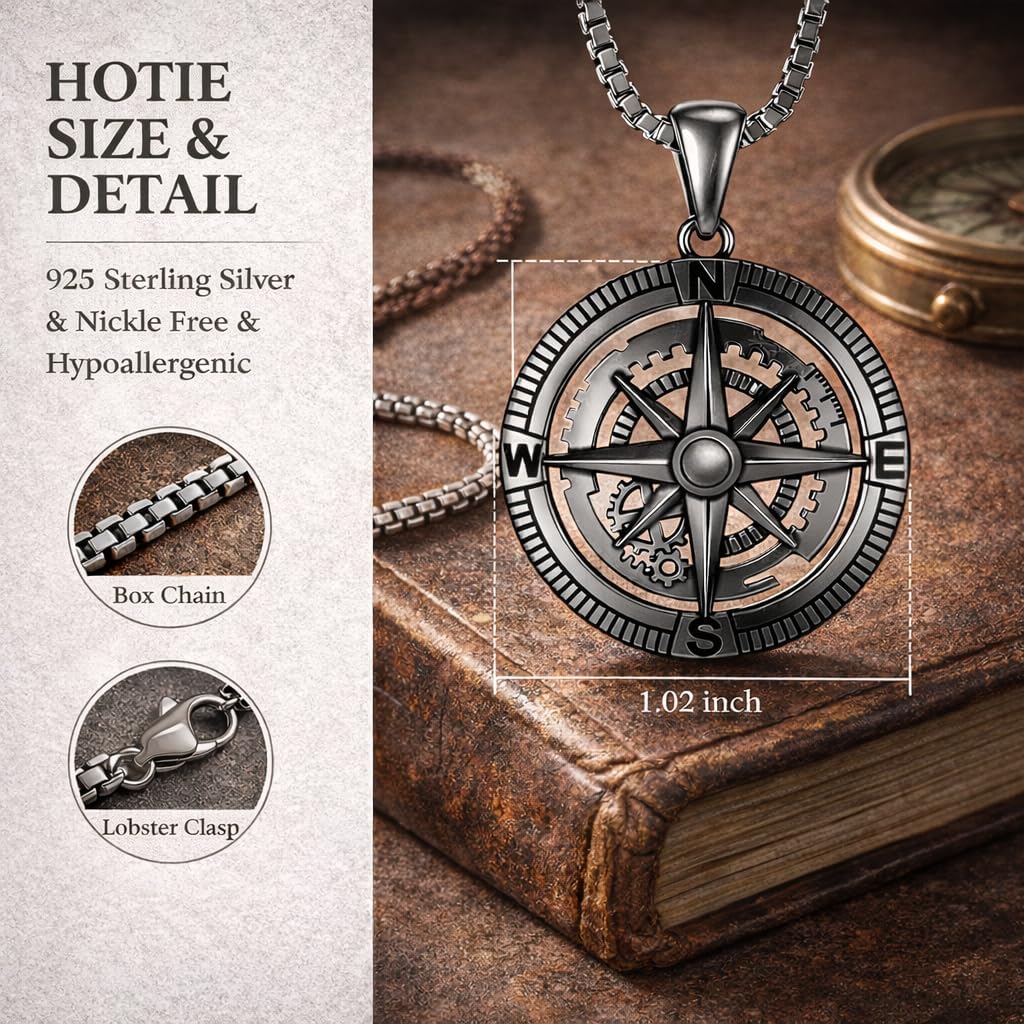 Compass Necklace 925 Sterling Silver Black Gold Compass Necklace for Men Vintage Gear Compass Jewelry Gifts for Men Father Husband Boyfriend - Image 4