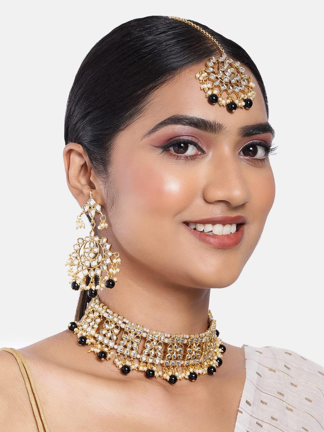 Aheli Elegant Indian Faux Kundan Studded Choker Necklace with Maang Tikka Set Ethnic Wedding Wear Bharatanatyam jewellery set Gift for Women - Image 2