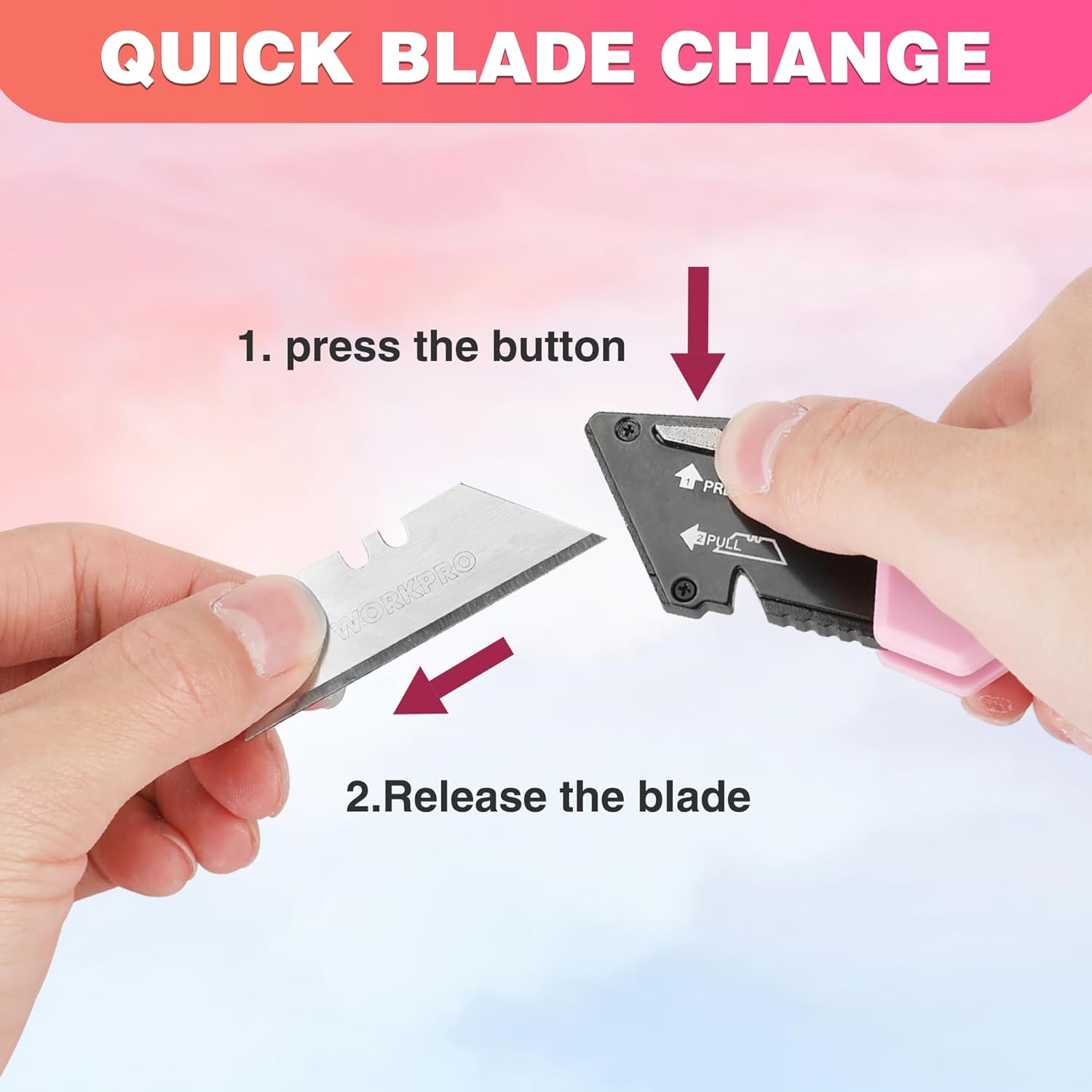 WORKPRO Folding Utility Knife, Quick Change Box Cutter, Pink Razor Knife for Cartons, Cardboard, Boxes, 10 Extra Blades Included - Pink Ribbon