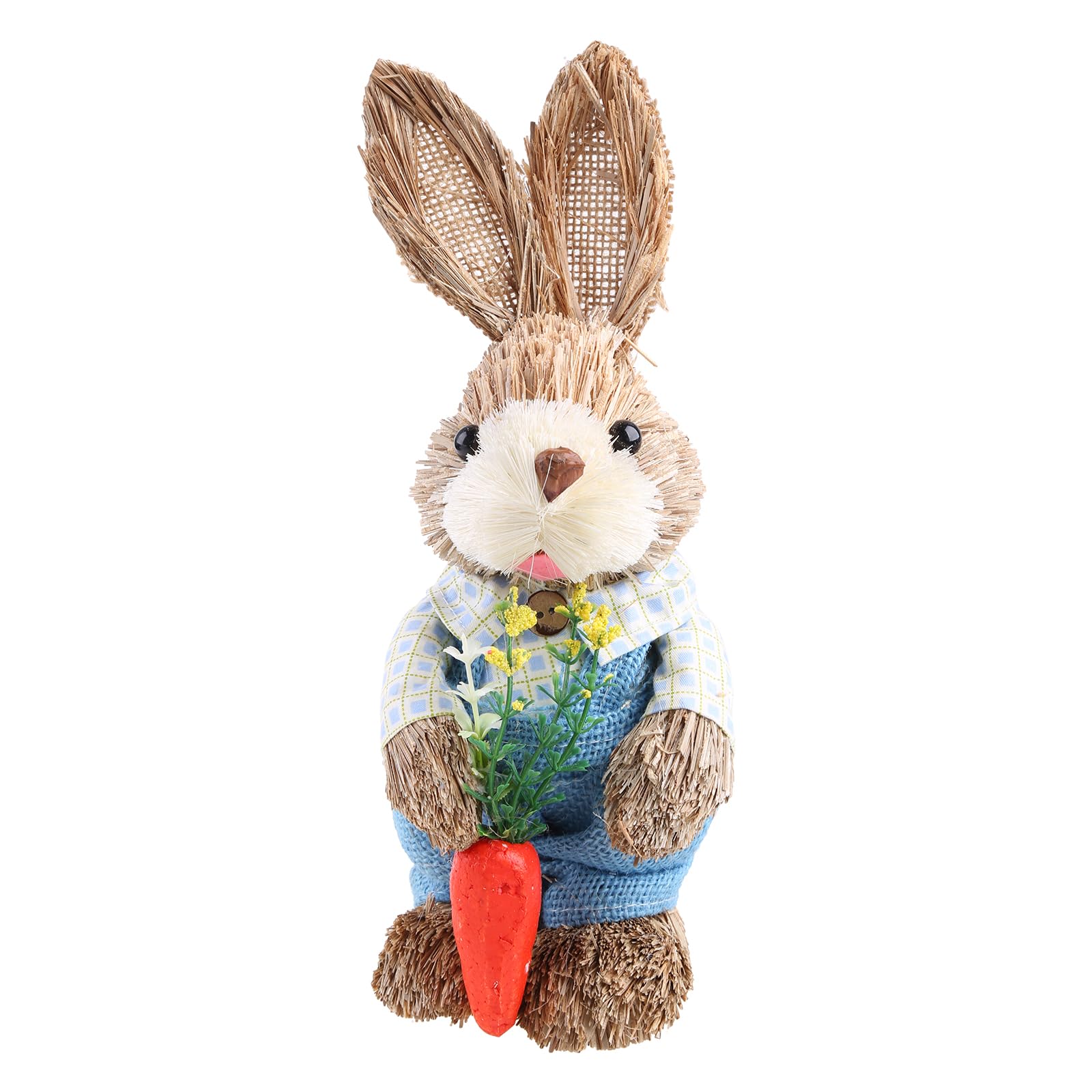 FEYLIE Standing Easter Bunny Figurine Ornament Happy Easter Straw Rabbit Decoration Handmade Craft for House Outdoor Decor 10’’