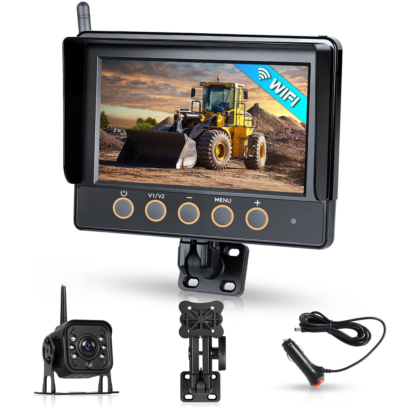 VECHTEL Kit Telecamera Posteriore IPS HD 7 Pollici senza Fili con 1 Telecamere, Telecamera Retromarcia Auto con BSD Impermeabile IP68 Visione Notturna Supergrandangolo per 12-36V Veicoli da Cantiere