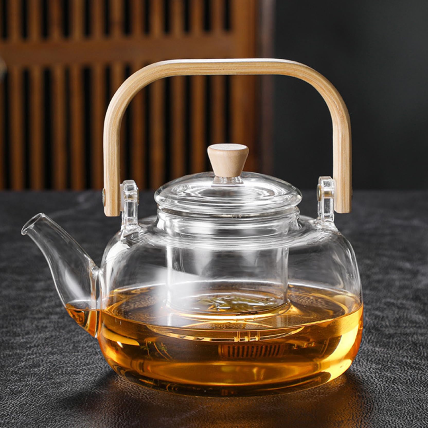 Teiera in vetro con infusore Bollitore in vetro da 1000 ml Piano cottura con manico bambù Macchina per il tè foglie sfuse fiore - Bollitori per il tè