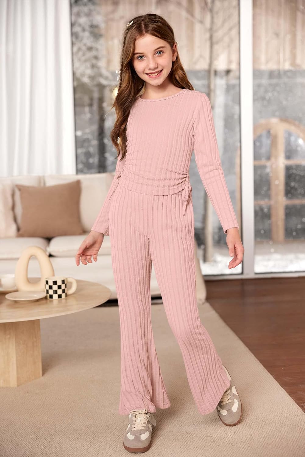 Girls Fall 2 Piece Outfits Ruched Long Sleeve Tops & Cozy Rib-Knit Flared Pants With Side Pockets 3-12 Years - Image 3