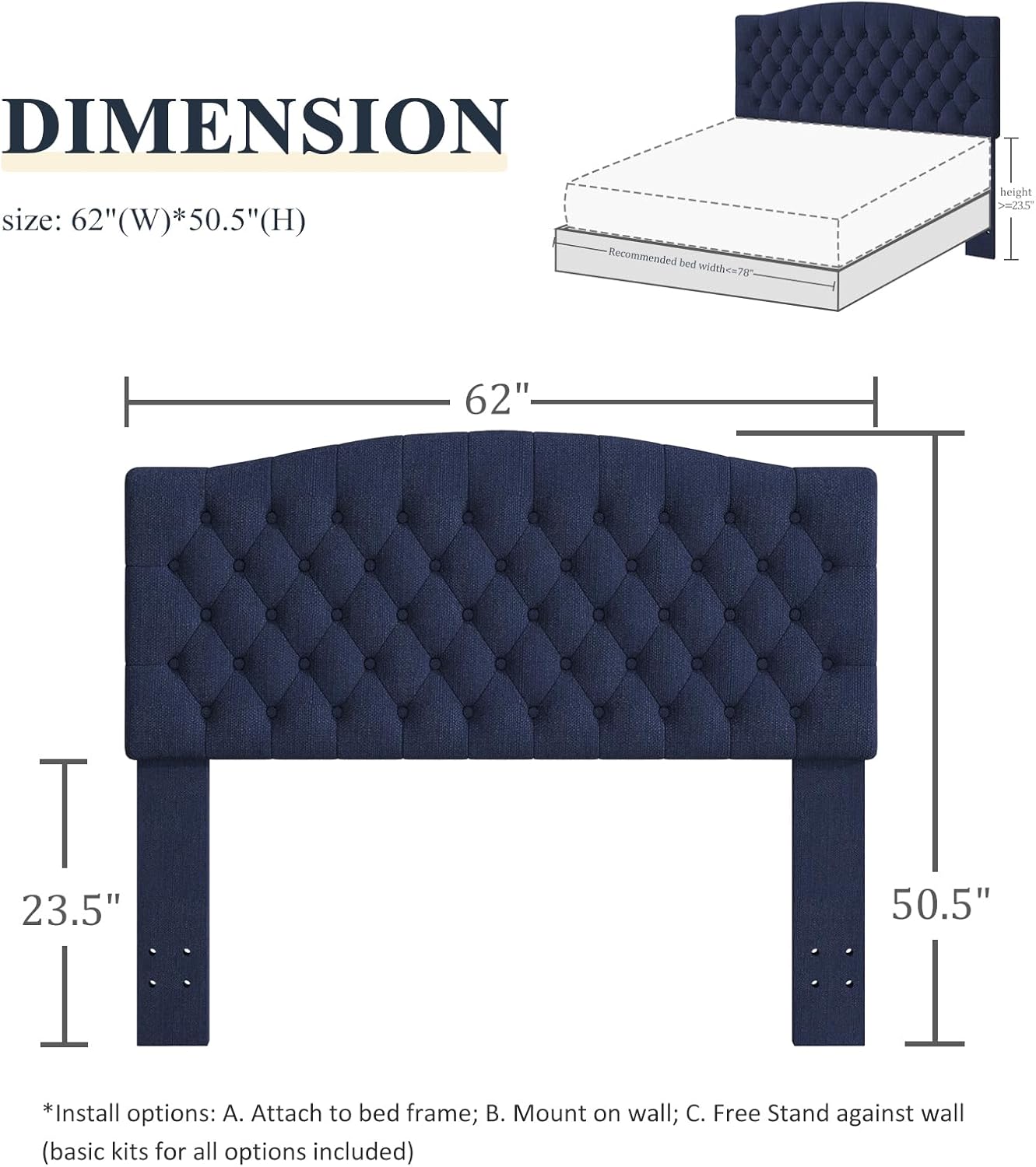 Befurtori Queen Headboard Only, Upholstered Headboard for Adjustable Bed Linen Tufted Queen/Full Size Wall Mounted Head Board with Solid Wood Legs Head Board, Navy Blue