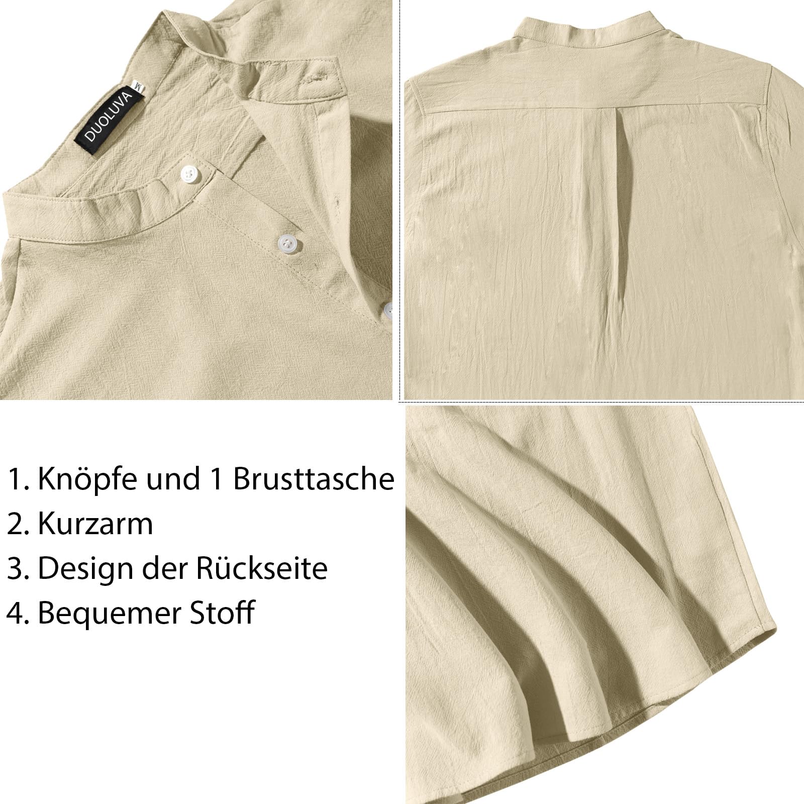 Leinen Hemd Herren Kurzarm Sommer Shirt Männer Henley mit Brusttasche Universal Fit