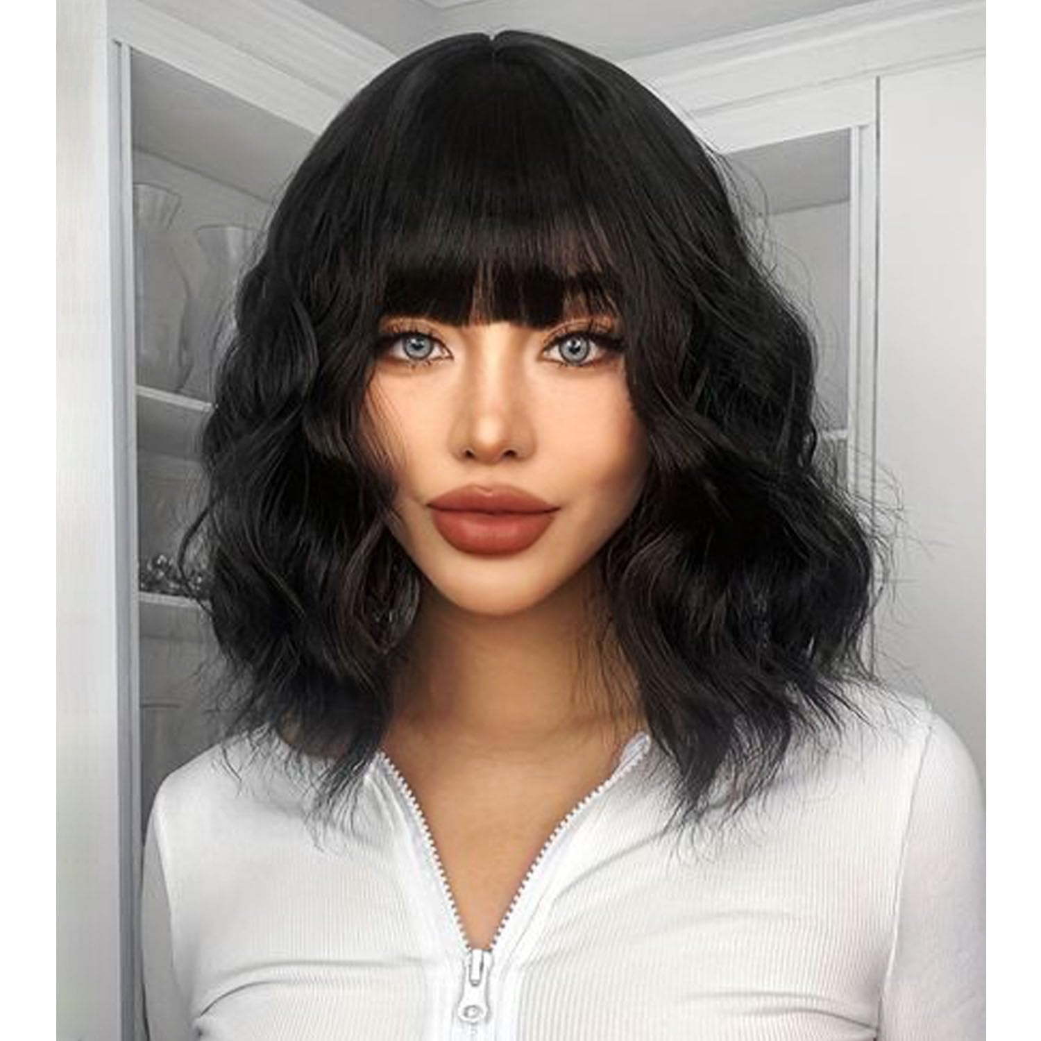 Short Bob Wavy Wig with Bangs for Women Black Color Wigs for Women Loose Curly Shoulder Length Bob Curly Women’s Charming Synthetic Wigs Style Synthetic Fiber Wig (Black 12 Inch)