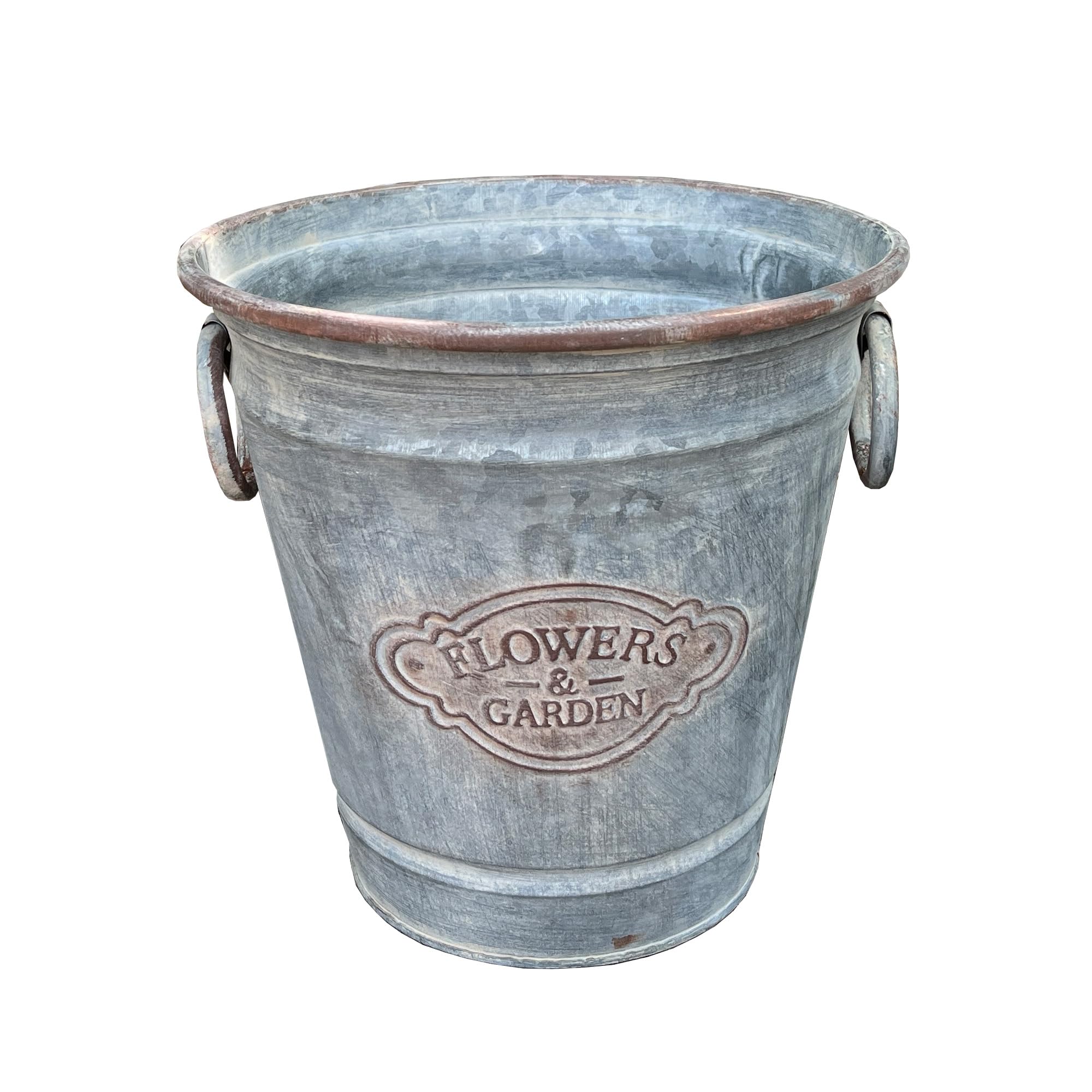 Alfie Francis 24.5cm DIA x 23cm H Round Vintage Style 'Flowers & Garden' Galvanised Metal Plant Pot with Handles Outdoor Planter Garden Trough Decor Greenhouse Flower Rustic