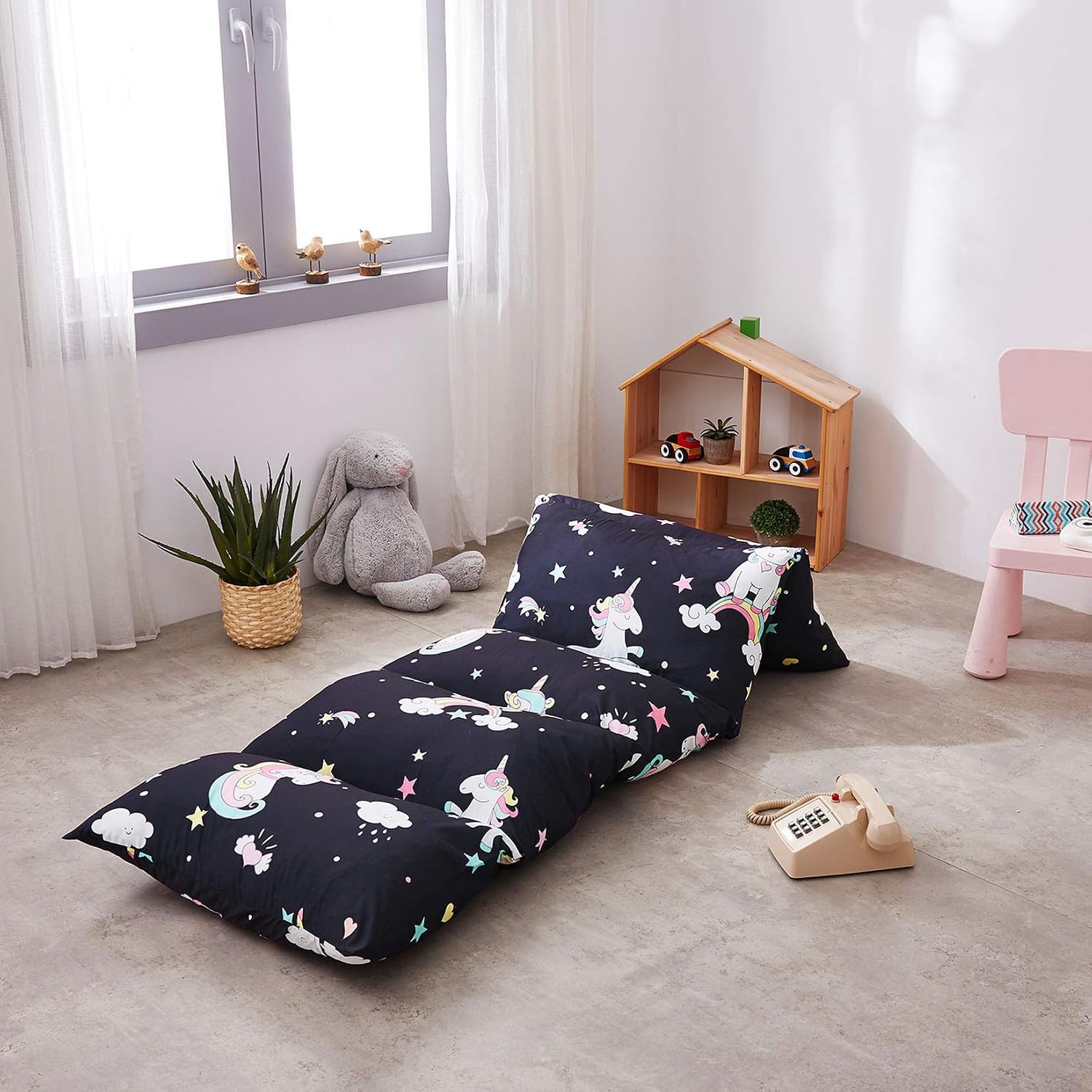 Wake In Cloud - Kids Floor Pillow Case (Cover Only), White Unicorns on Black, Microfiber Lounger Toddler Floor Pillow Cover, Requires 5 Standard Size Pillows (Pillows Not Included)