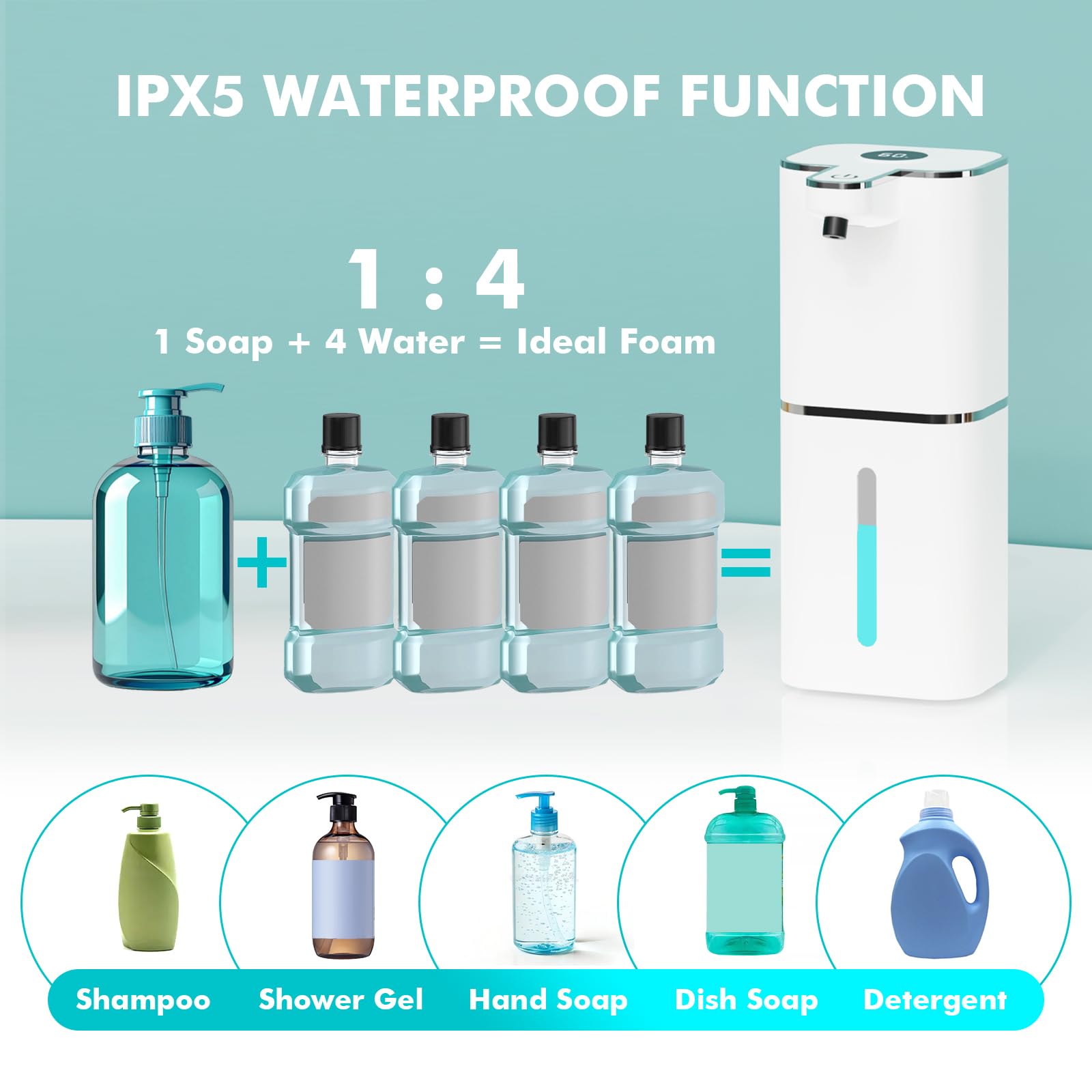 6 Niveles Ajustables Dispensador Jabon Cocina con Sensor, Resistente al Agua IPX5 para Cocina, Baño, Escuelas, Aseo, Familia