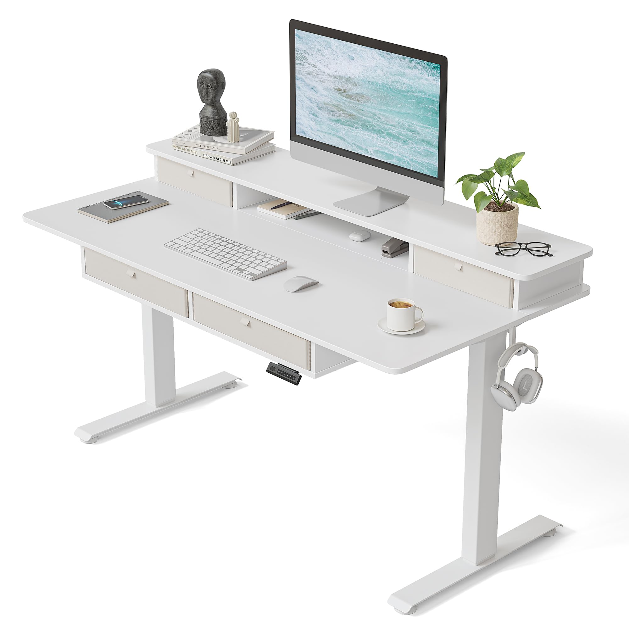 FEZIBO 55 x 30 inch Standing Desk with Drawers, Height Adjustable Electric Workstation, Computer Sit Stand Up Table with Large Storage Shelf 4 Drawers