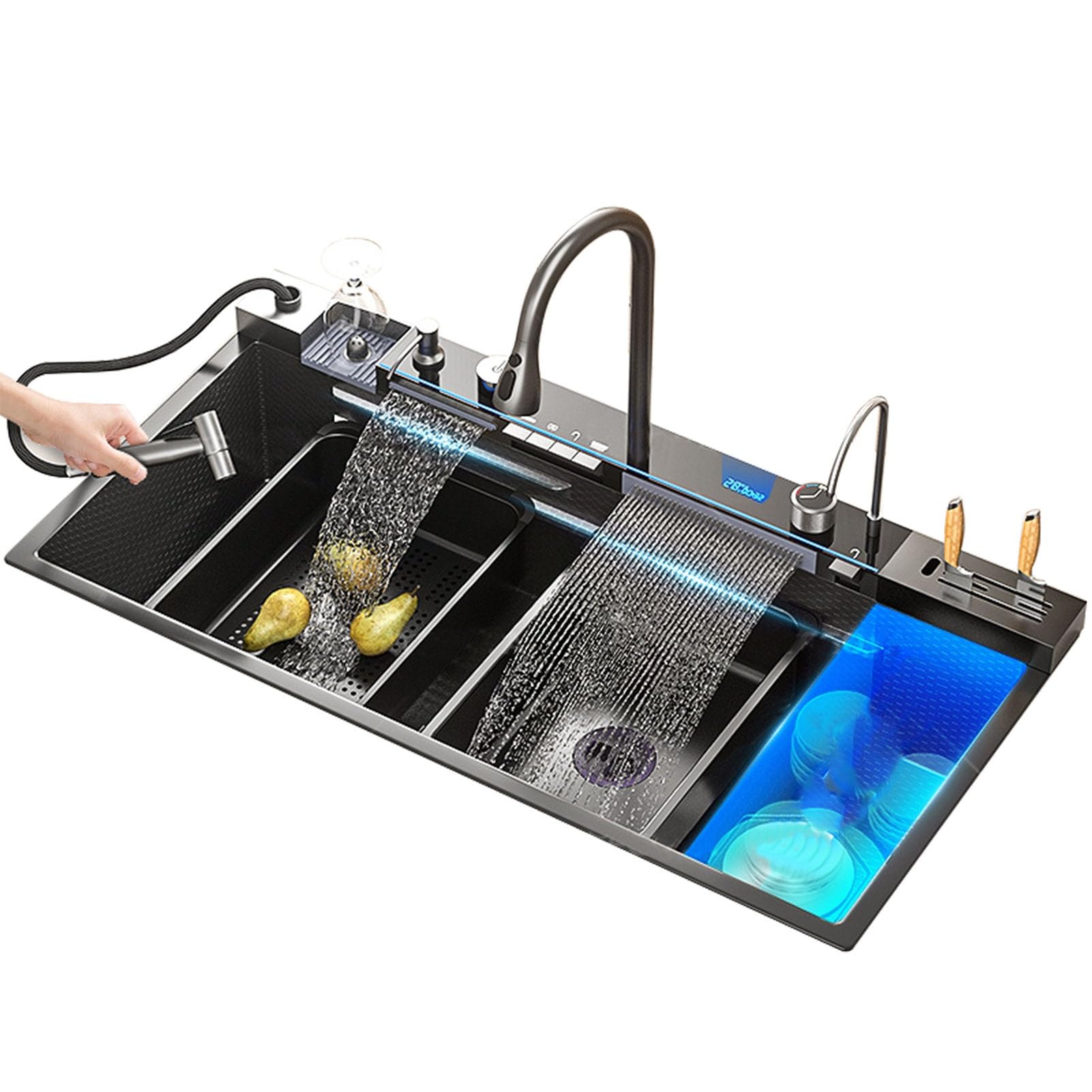 Fregadero de Cocina de 100 x 50 cm con Dos cascadas y Pistola pulverizadora de Alta presión, Fregadero de Cocina con Pantalla Digital, Fregadero de Acero Inoxidable con Caja portac