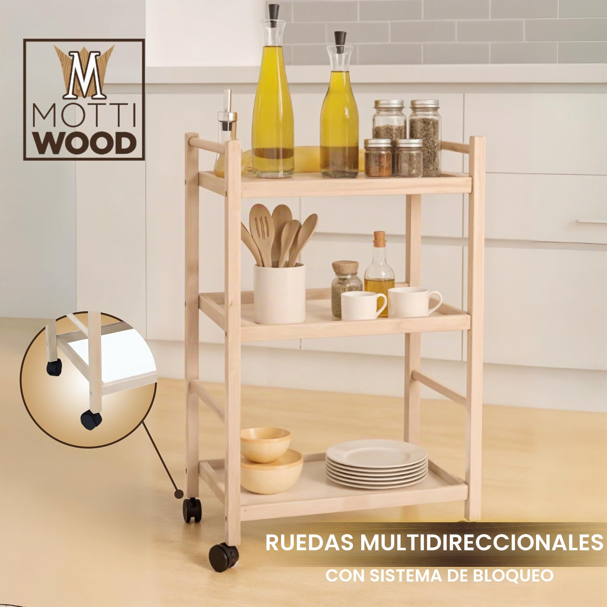 Carrito Multiuso, Estanterias Almacenaje, 3 Estantes, 100% Madera Haya, 28 x 40 x 64,5 cm, con ruedas