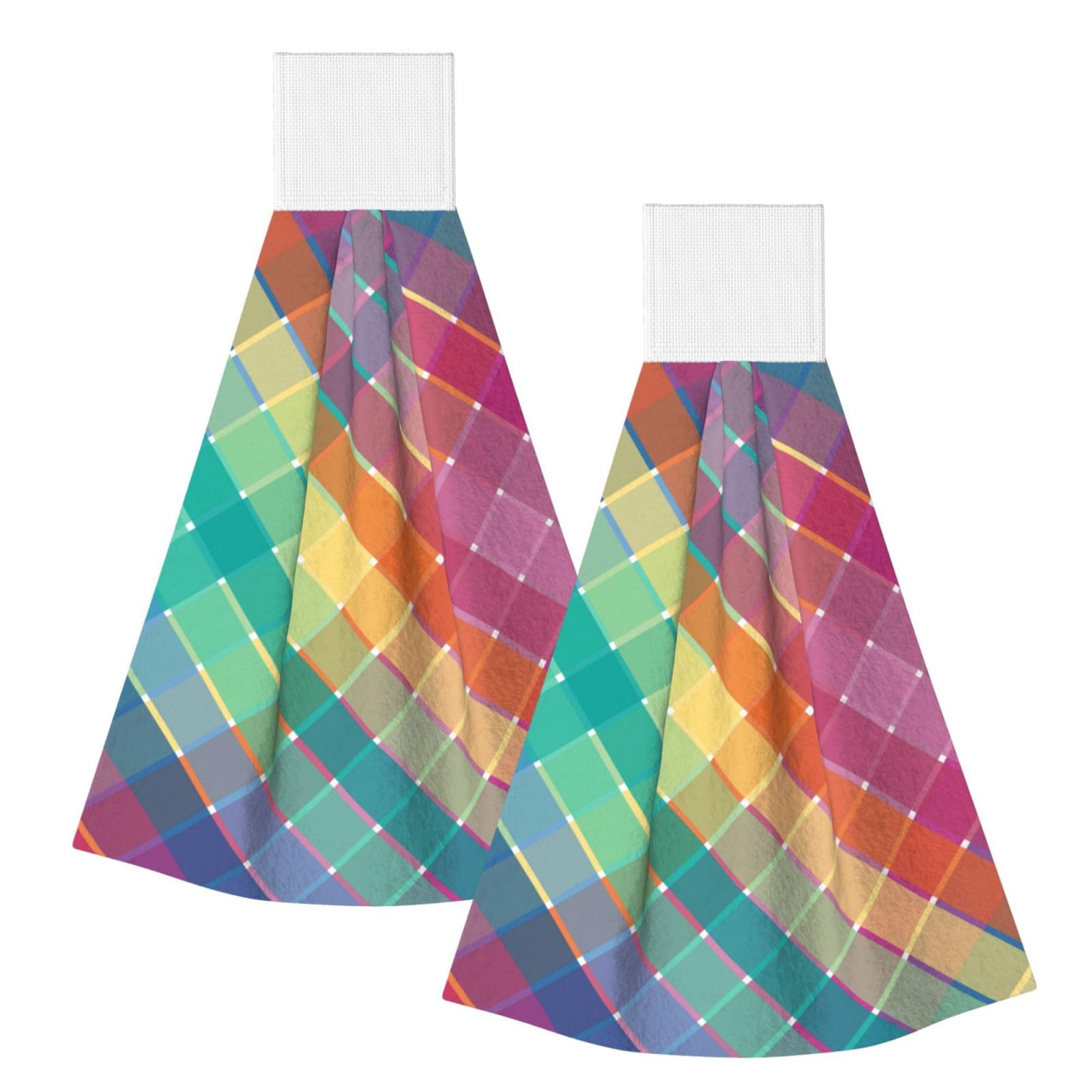 DOPKLNA Colorful Rainbow Multicolor Plaid Stripes, 2 Pcs Hanging Coral Fiber Hand Towels for Bathroom, Absorbent Kitchen Towels