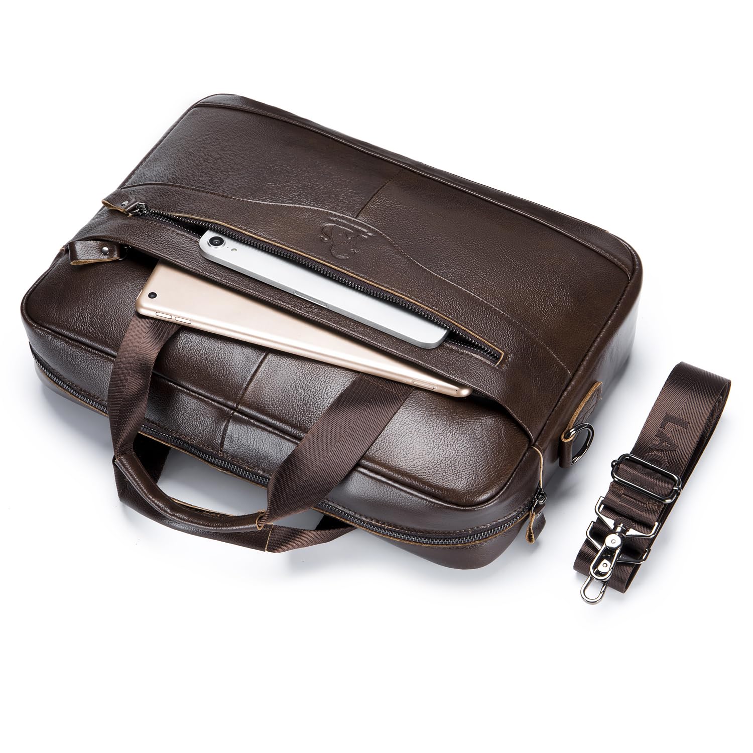 Hebetag Bolso bandolera de cuero para negocios 14 pulgadas café